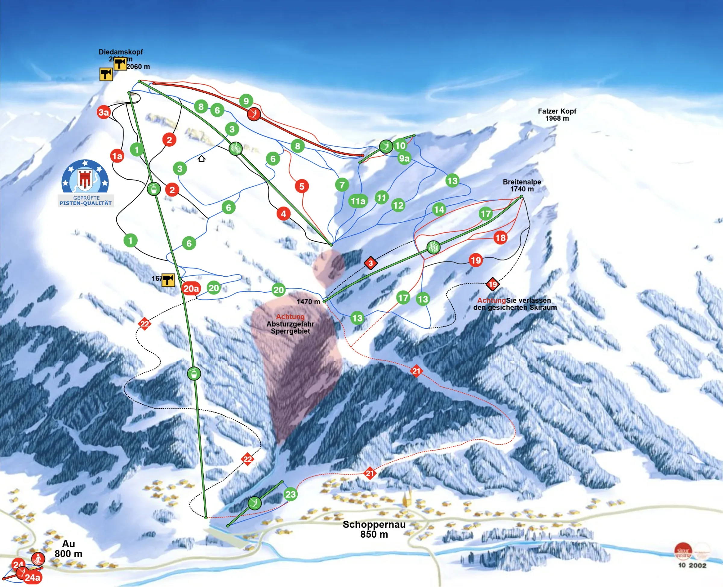 Pistenplan Diedamskopf (Au-Schoppernau) 2025/26 – Übersichtskarte mit Pisten, Liften und Bergbahnen