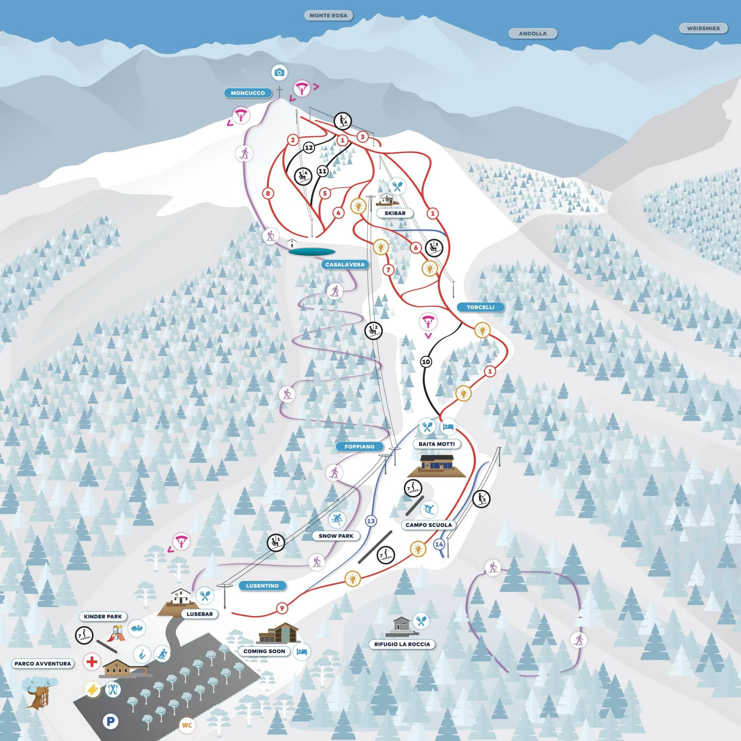 Pistenplan Domobianca 2025/26 – Übersichtskarte mit Pisten, Liften und Bergbahnen