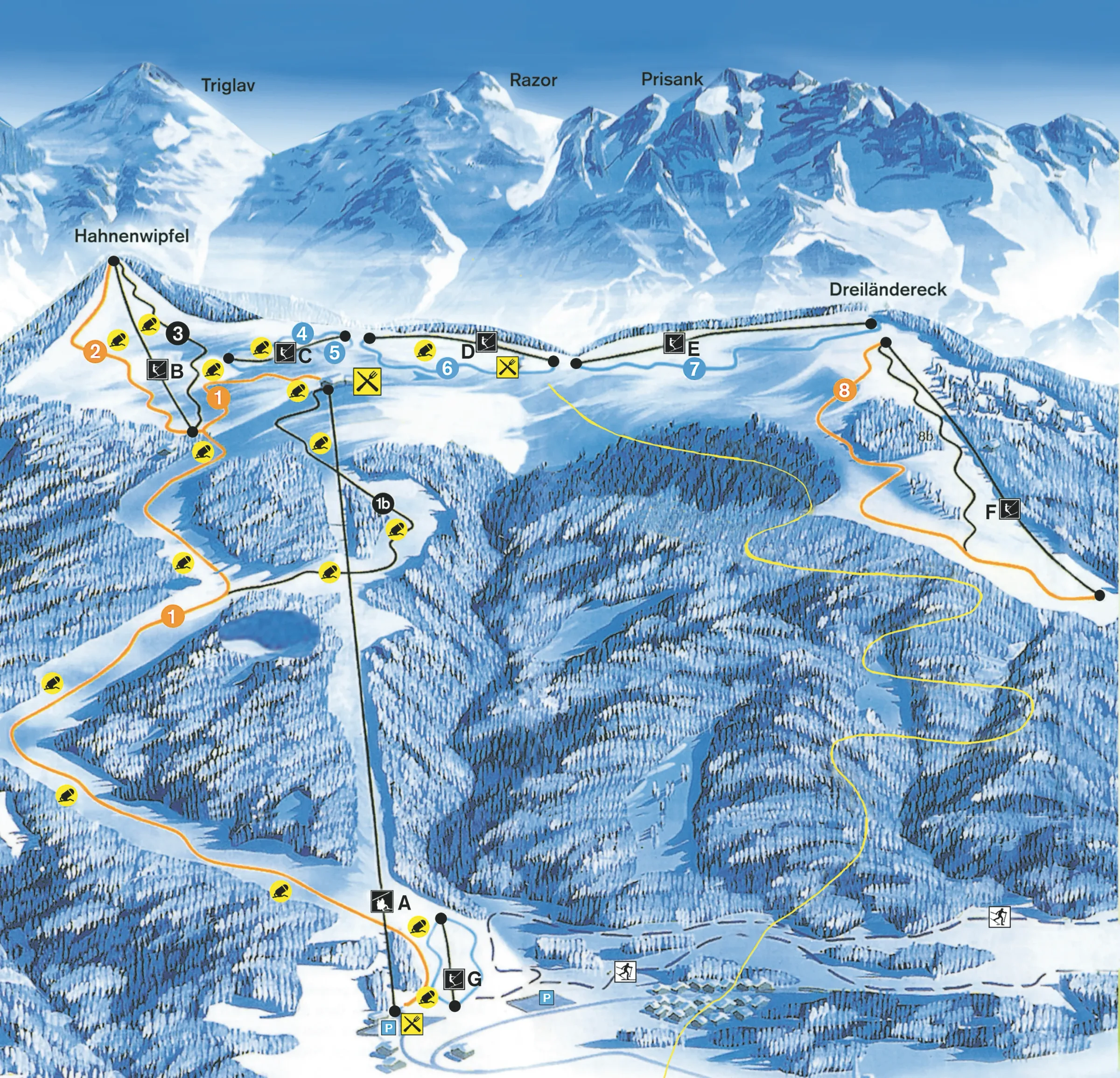 Pistenplan Dreiländereck (Arnoldstein) 2025/26 – Übersichtskarte mit Pisten, Liften und Bergbahnen