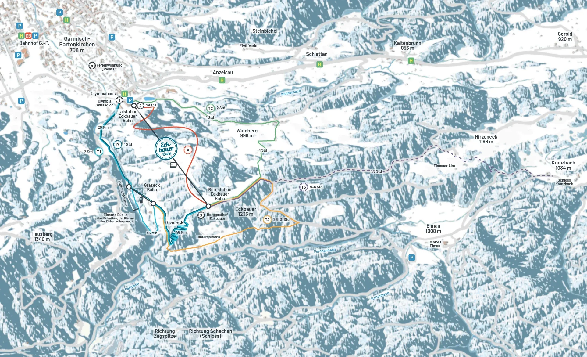 Pistenplan Eckbauer (Garmisch-Partenkirchen) 2025/26 – Übersichtskarte mit Pisten, Liften und Bergbahnen