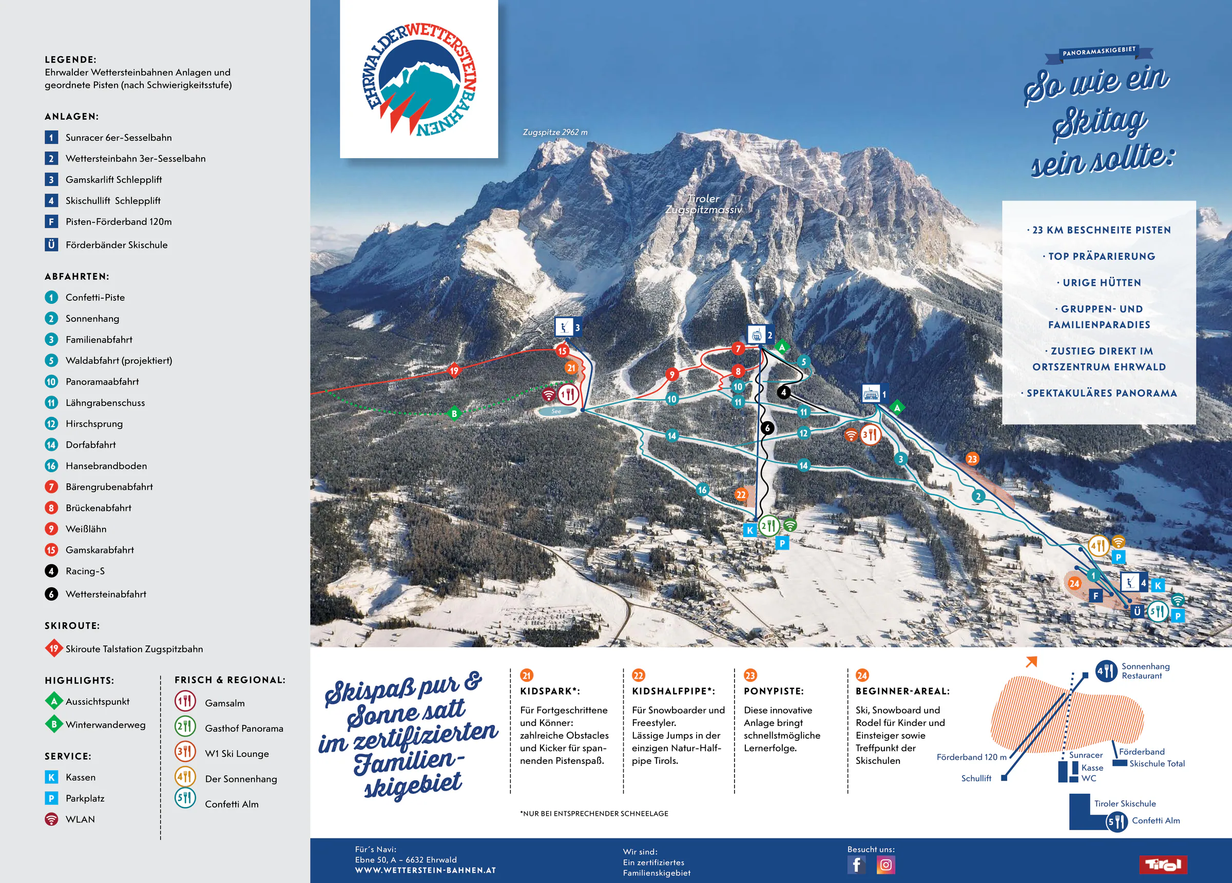 Pistenplan Ehrwald – Wettersteinbahnen 2026/27 – Übersichtskarte mit Pisten, Liften und Bergbahnen