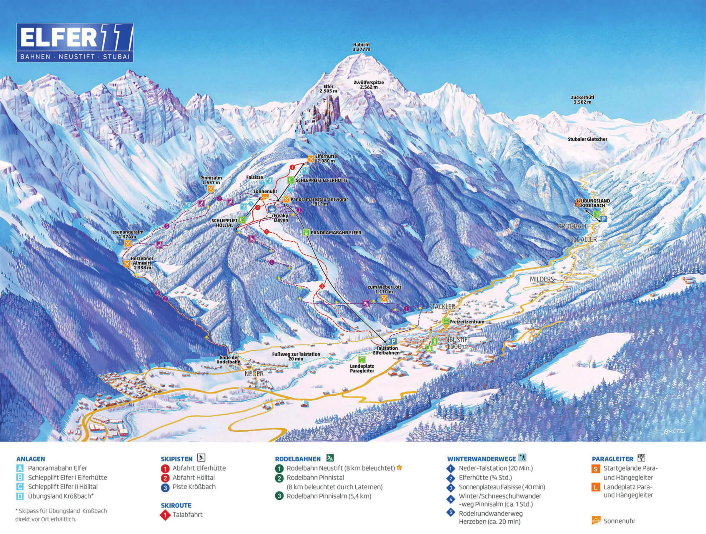 Pistenplan Elfer (Neustift) 2026/27 – Übersichtskarte mit Pisten, Liften und Bergbahnen