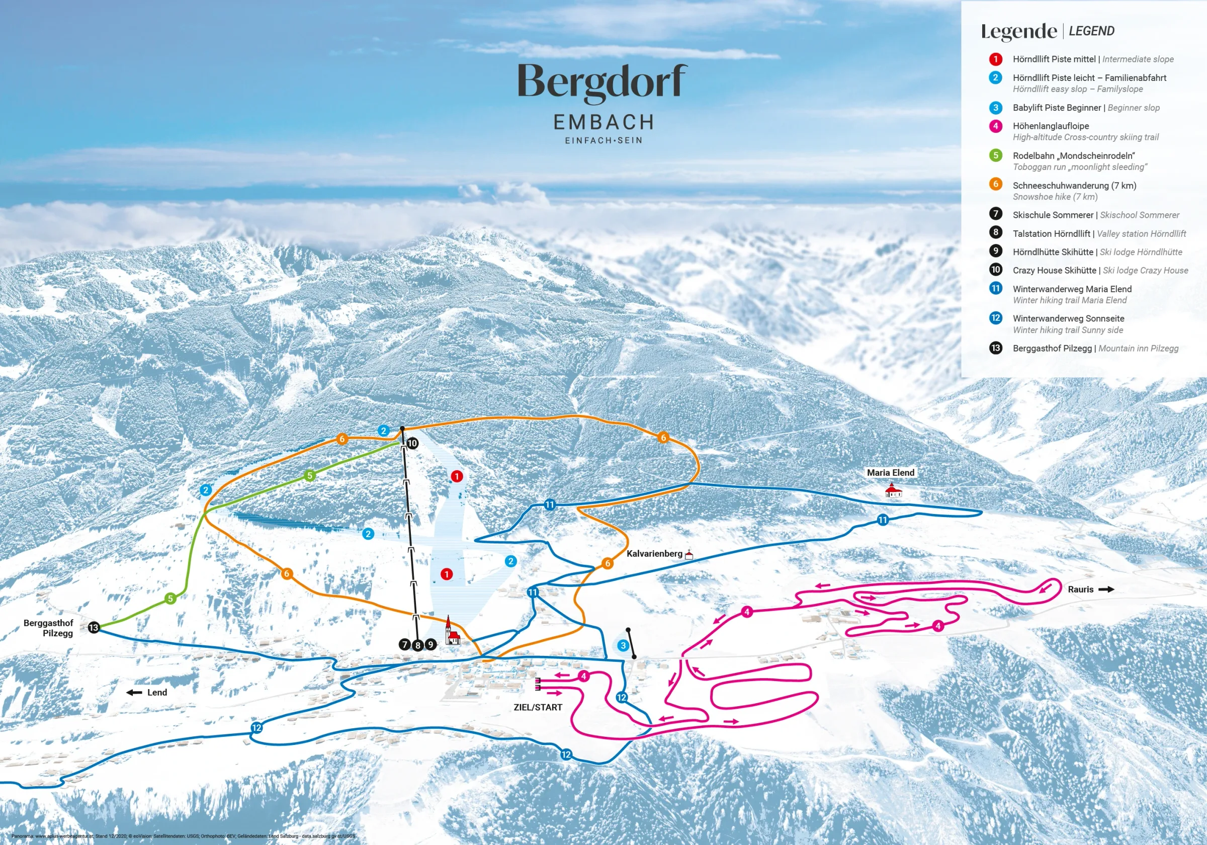 Pistenplan Embach (Lend) 2025/26 – Übersichtskarte mit Pisten, Liften und Bergbahnen