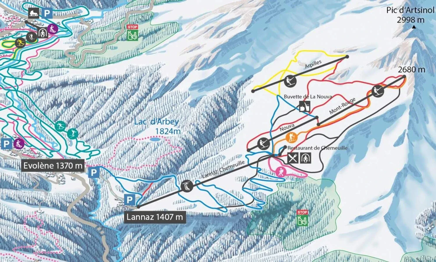 Pistenplan Evolène 2025/26 – Übersichtskarte mit Pisten, Liften und Bergbahnen