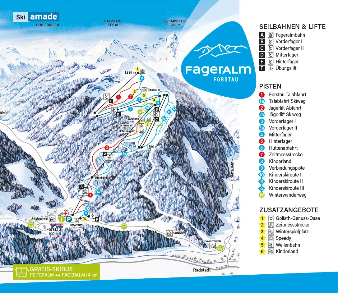Pistenplan Fageralm (Forstau) 2025/26 – Übersichtskarte mit Pisten, Liften und Bergbahnen