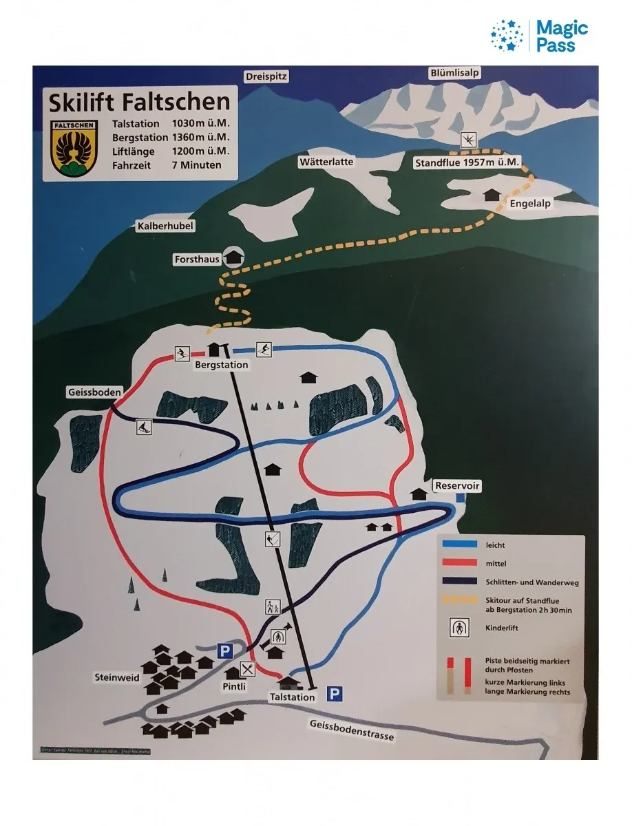 Pistenplan Faltschen (Scharnachtal) 2025/26 – Übersichtskarte mit Pisten, Liften und Bergbahnen