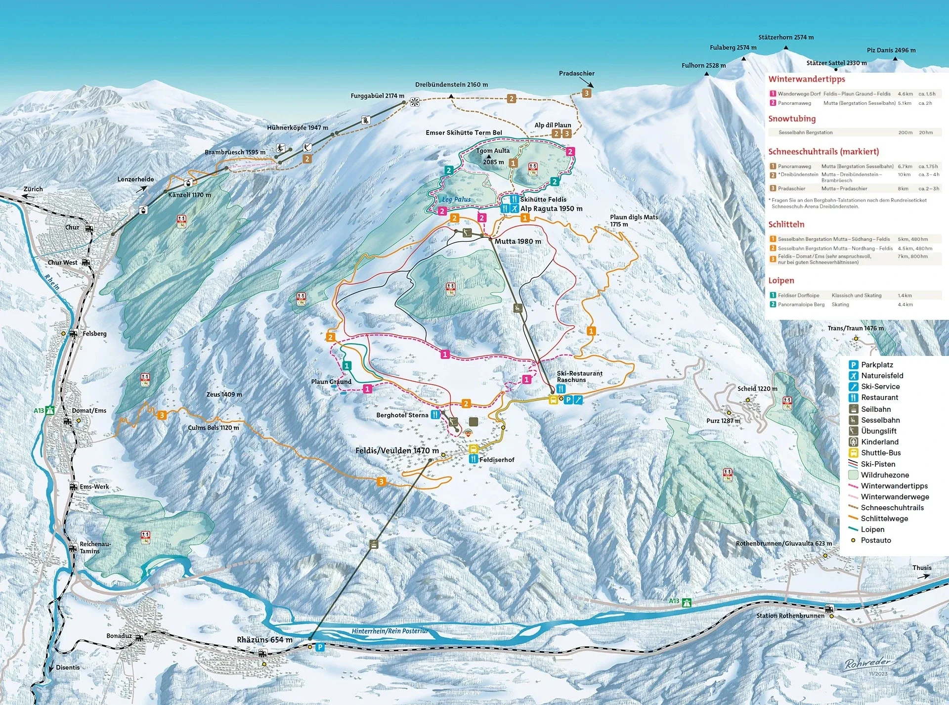 Pistenplan Feldis 2025/26 – Übersichtskarte mit Pisten, Liften und Bergbahnen