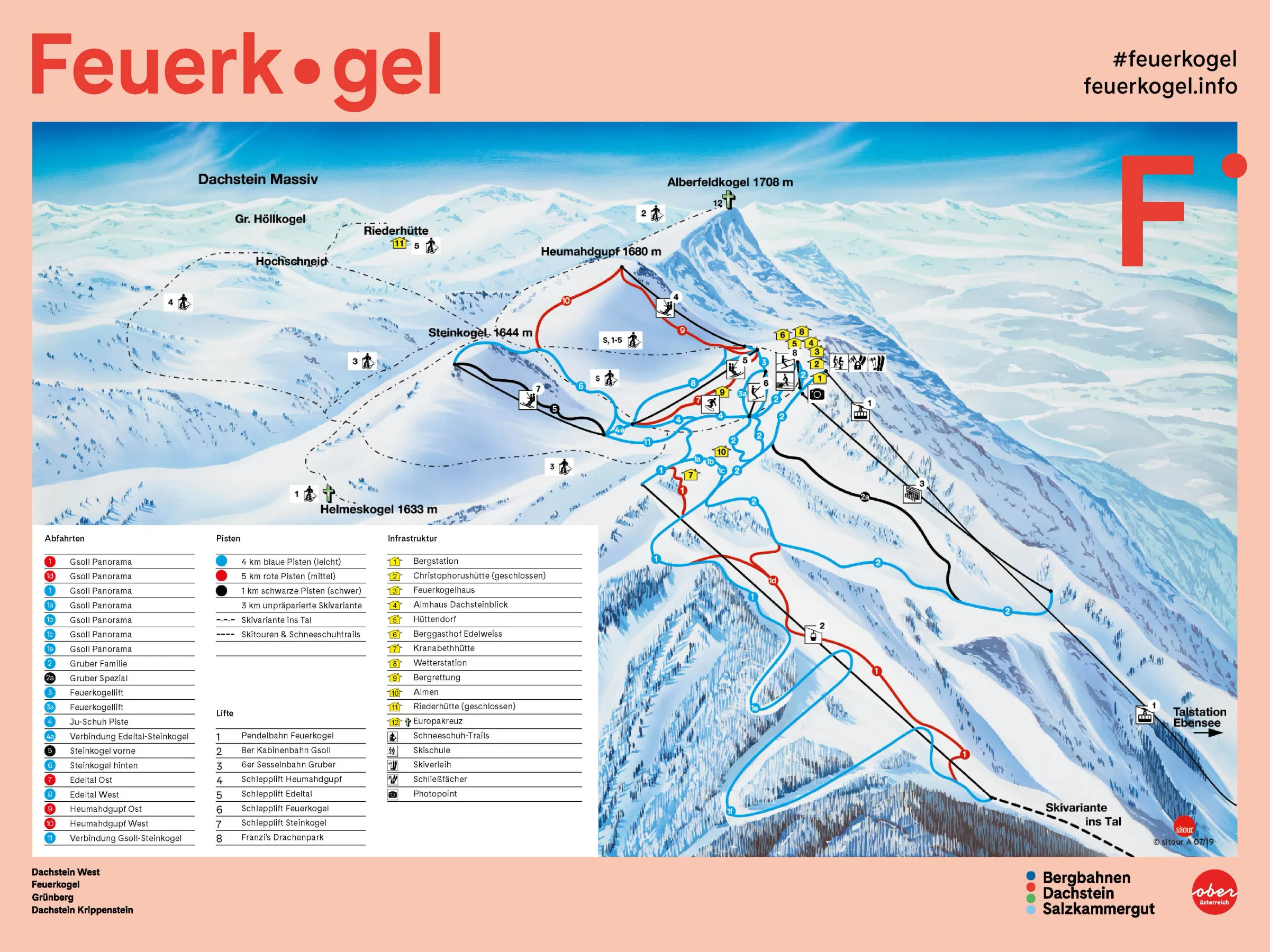 Pistenplan Feuerkogel (Ebensee) 2025/26 – Übersichtskarte mit Pisten, Liften und Bergbahnen