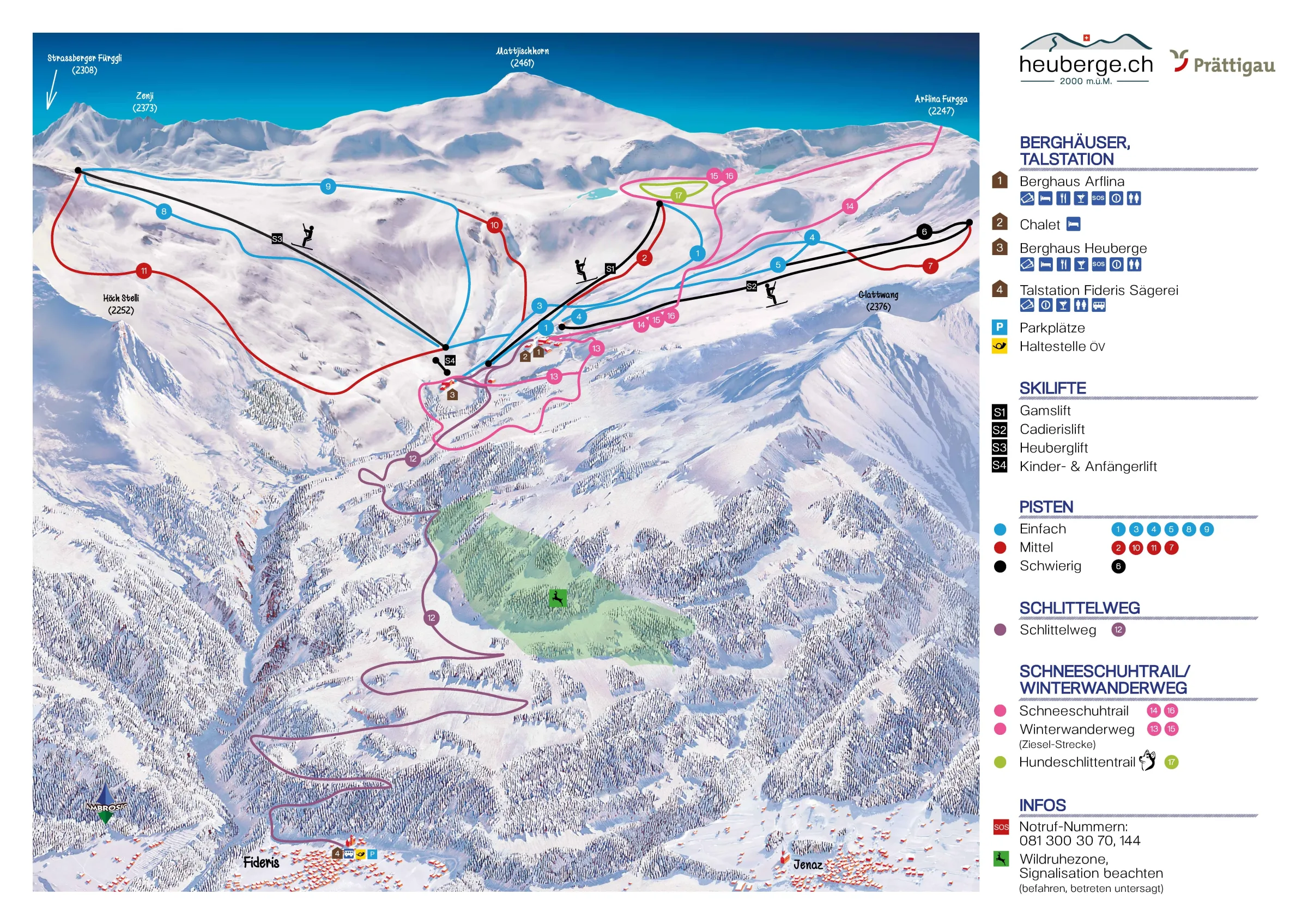 Pistenplan Fideriser Heuberge 2025/26 – Übersichtskarte mit Pisten, Liften und Bergbahnen