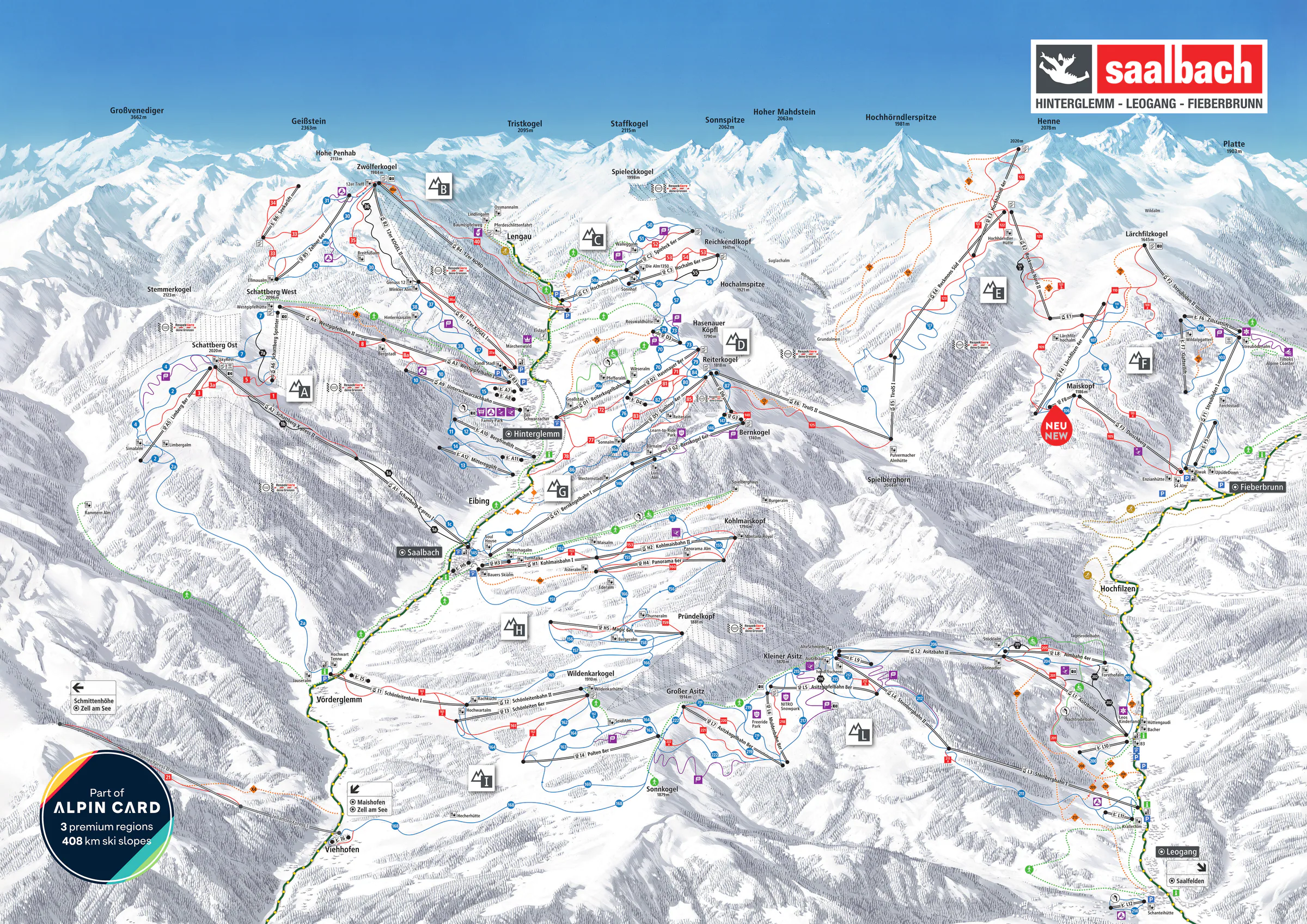 Pistenplan Fieberbrunn 2025/26 – Übersichtskarte mit Pisten, Liften und Bergbahnen