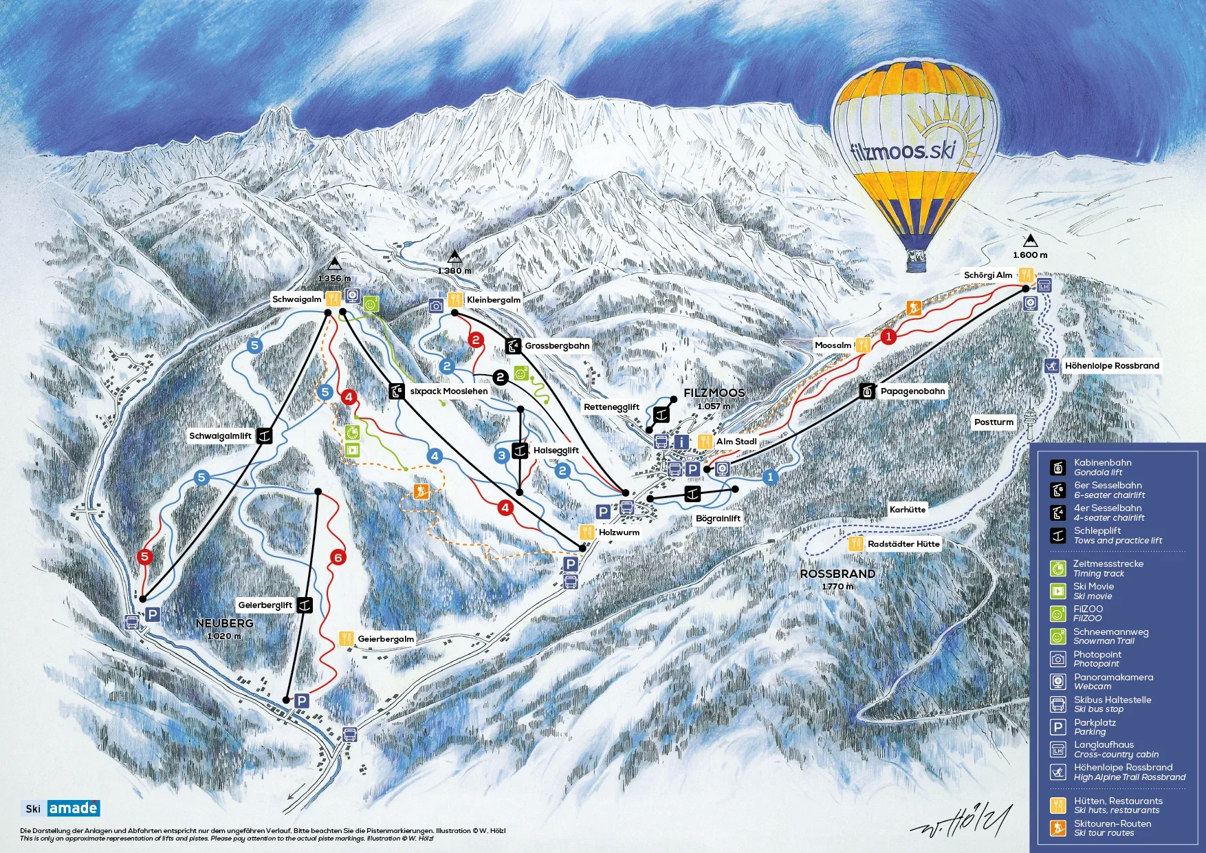Pistenplan Filzmoos – Neuberg 2025/26 – Übersichtskarte mit Pisten, Liften und Bergbahnen