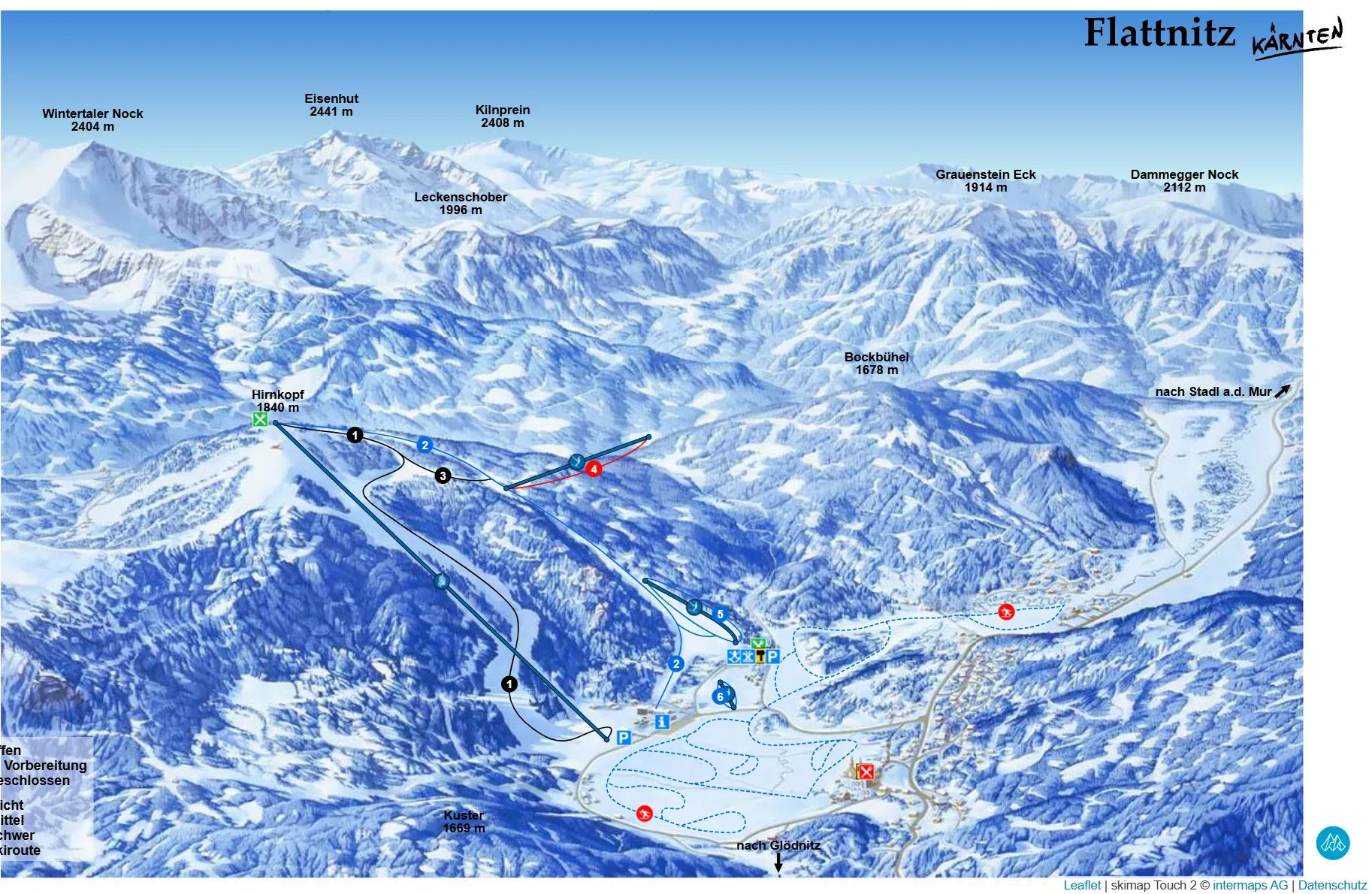 Pistenplan Flattnitz 2025/26 – Übersichtskarte mit Pisten, Liften und Bergbahnen