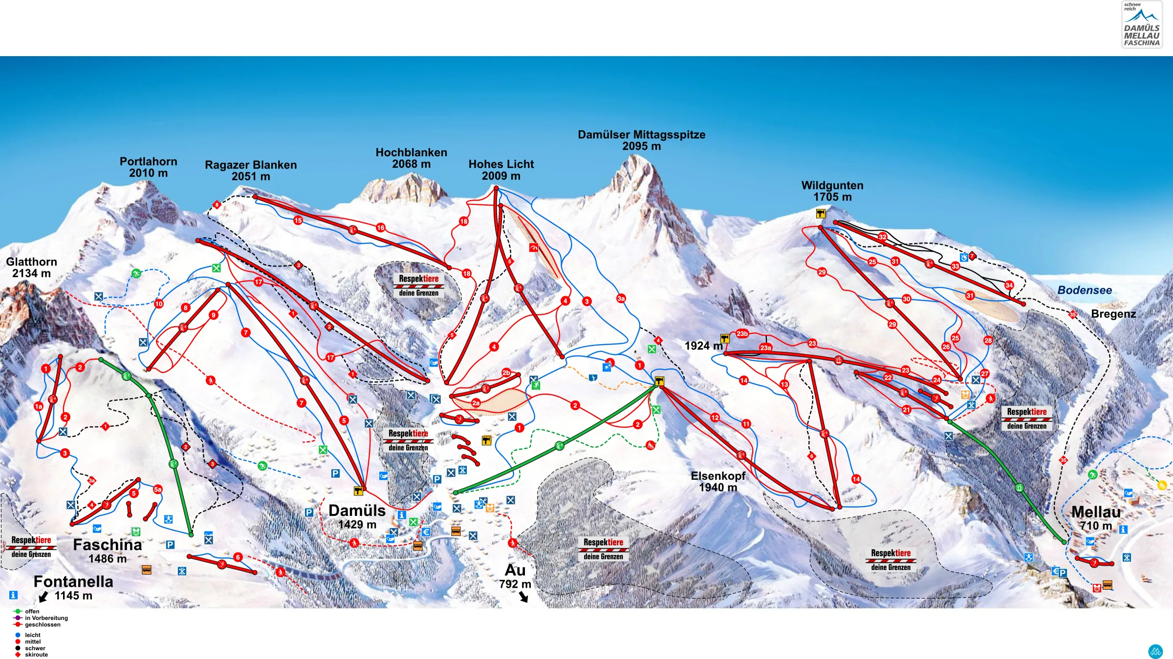 Pistenplan Fontanella-Faschina 2025/26 – Übersichtskarte mit Pisten, Liften und Bergbahnen