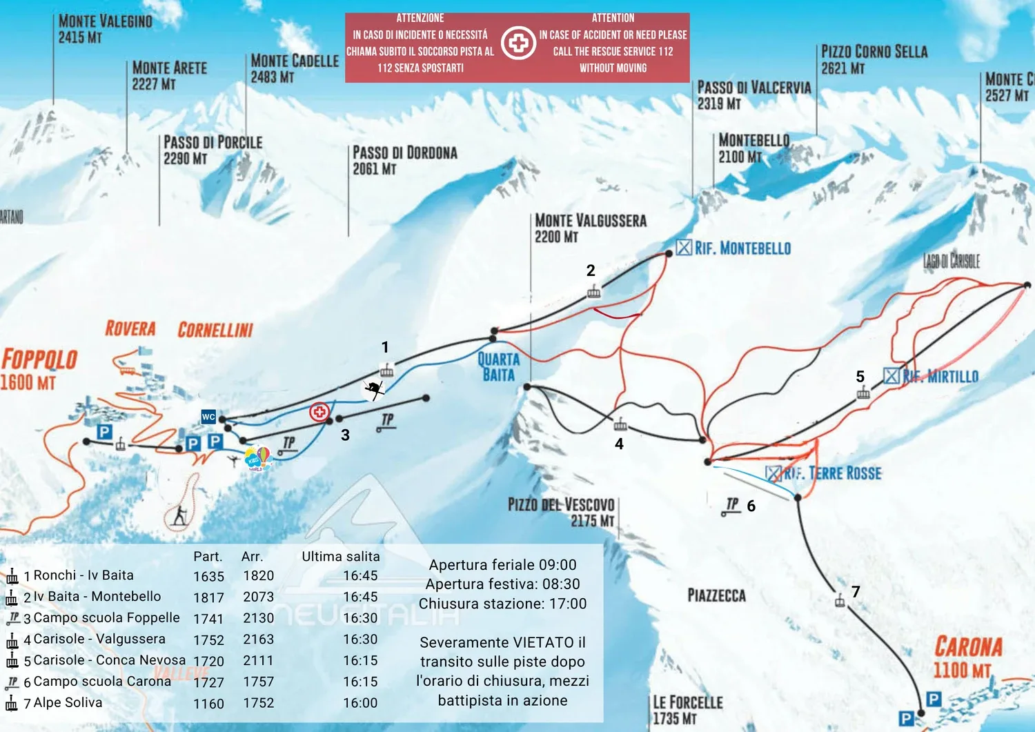 Pistenplan Foppolo – Carona 2025/26 – Übersichtskarte mit Pisten, Liften und Bergbahnen