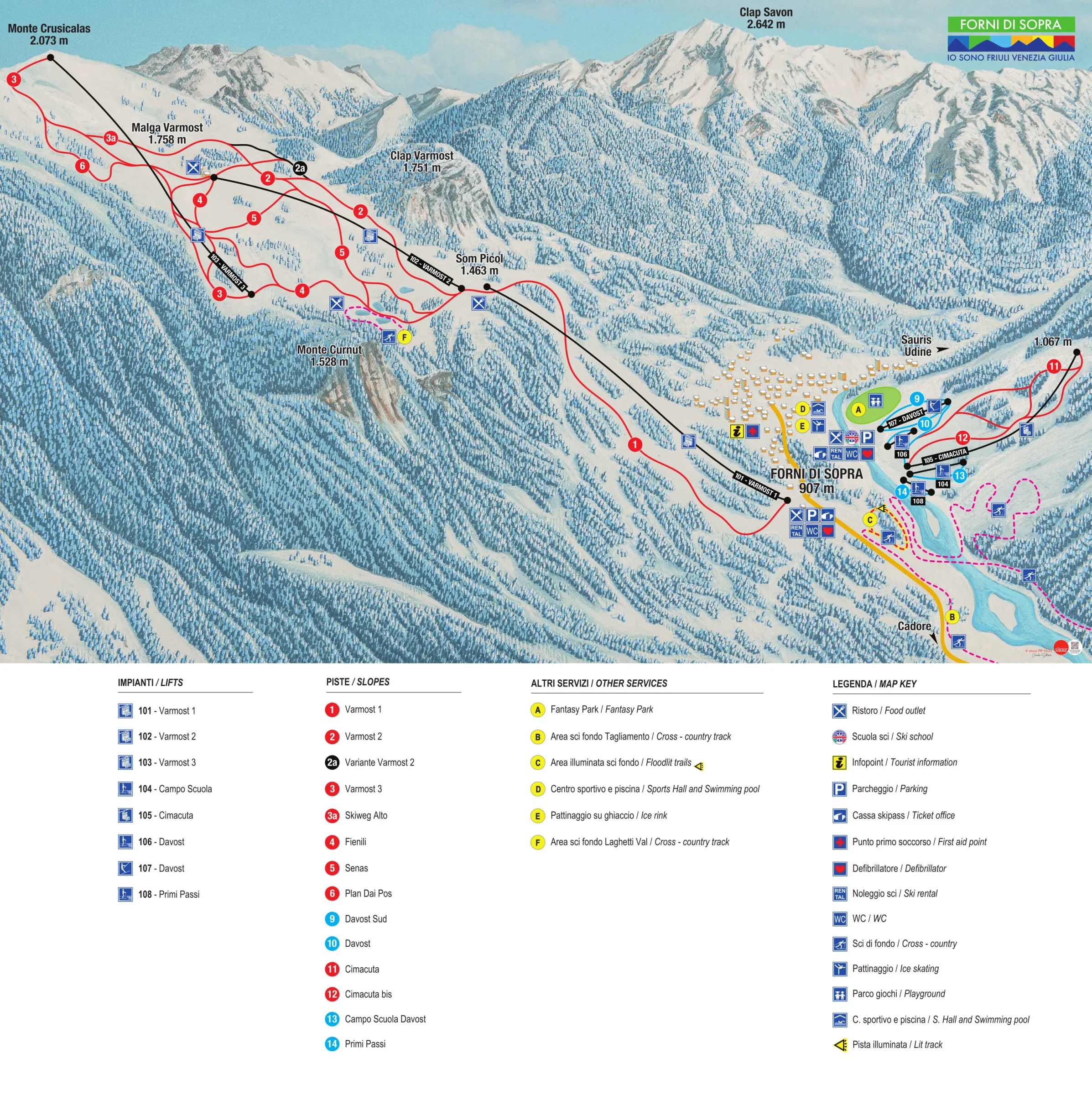 Pistenplan Forni di Sopra 2025/26 – Übersichtskarte mit Pisten, Liften und Bergbahnen
