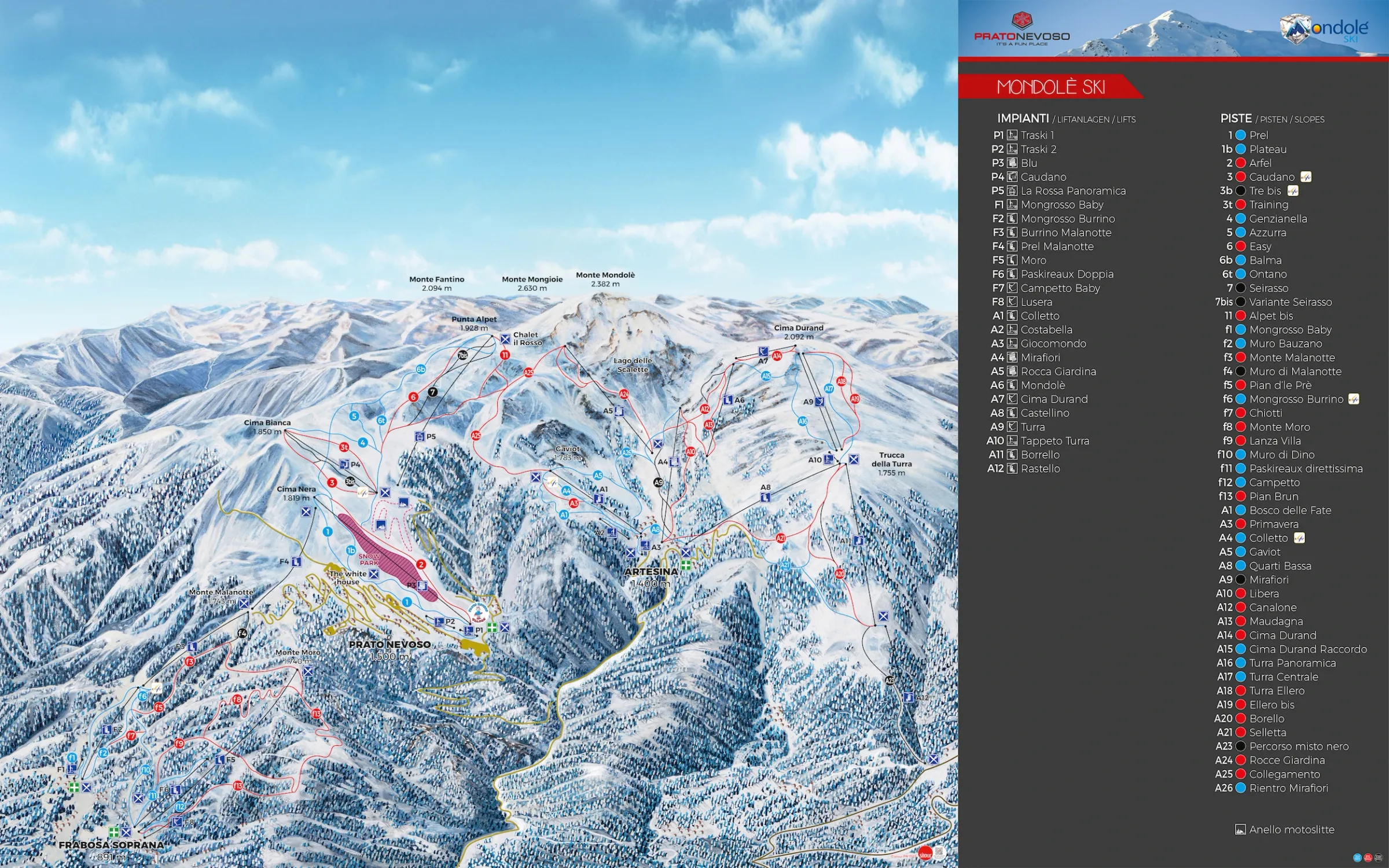 Pistenplan Frabosa Soprana 2025/26 – Übersichtskarte mit Pisten, Liften und Bergbahnen