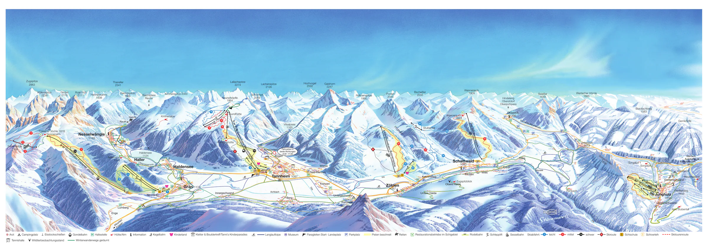 Pistenplan Füssener Jöchle (Grän) 2024/25 – Übersichtskarte mit Pisten, Liften und Bergbahnen