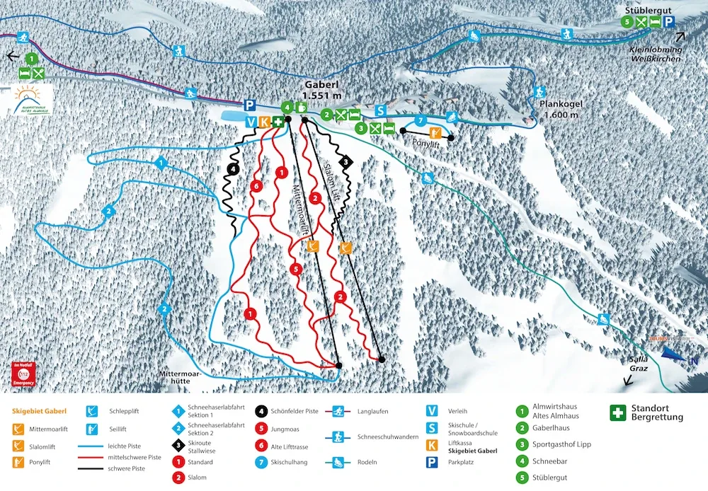 Pistenplan Gaberl (Salla) 2025/26 – Übersichtskarte mit Pisten, Liften und Bergbahnen