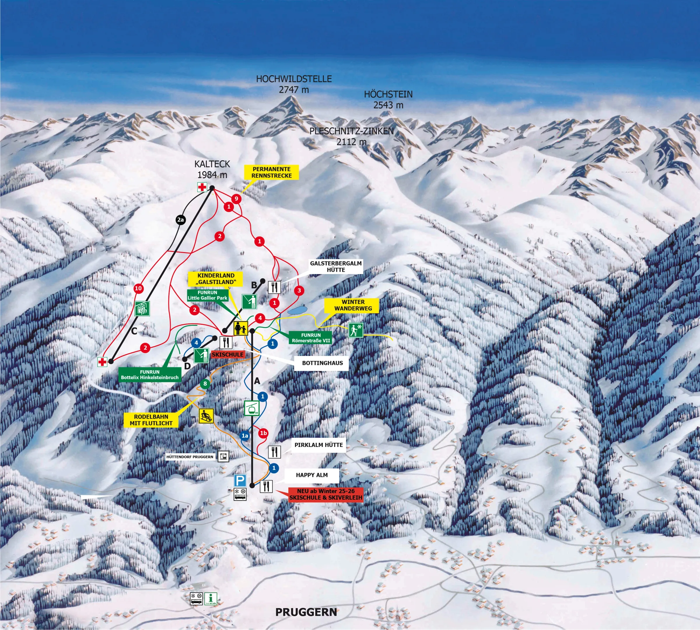 Pistenplan Galsterberg (Pruggern) 2025/26 – Übersichtskarte mit Pisten, Liften und Bergbahnen