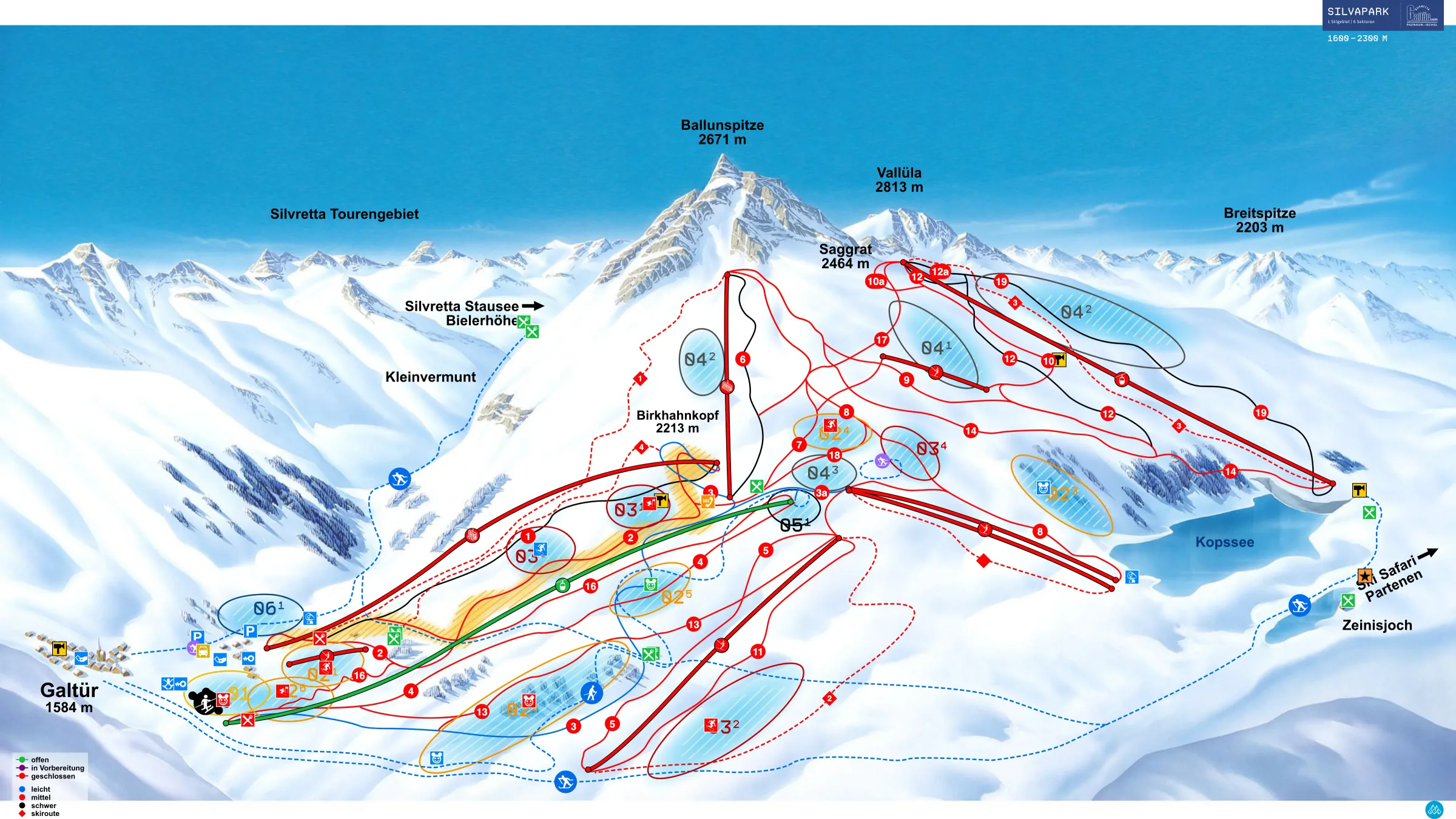 Pistenplan Galtür – Silvapark 2025/26 – Übersichtskarte mit Pisten, Liften und Bergbahnen