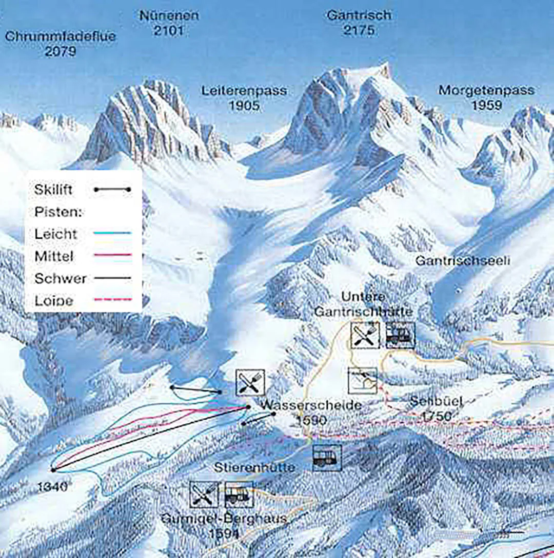 Pistenplan Gurnigel (Gantrisch) 2025/26 – Übersichtskarte mit Pisten, Liften und Bergbahnen