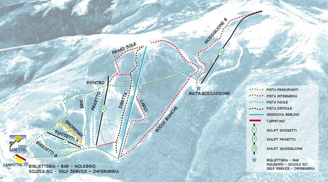 Pistenplan Garessio 2000 2025/26 – Übersichtskarte mit Pisten, Liften und Bergbahnen