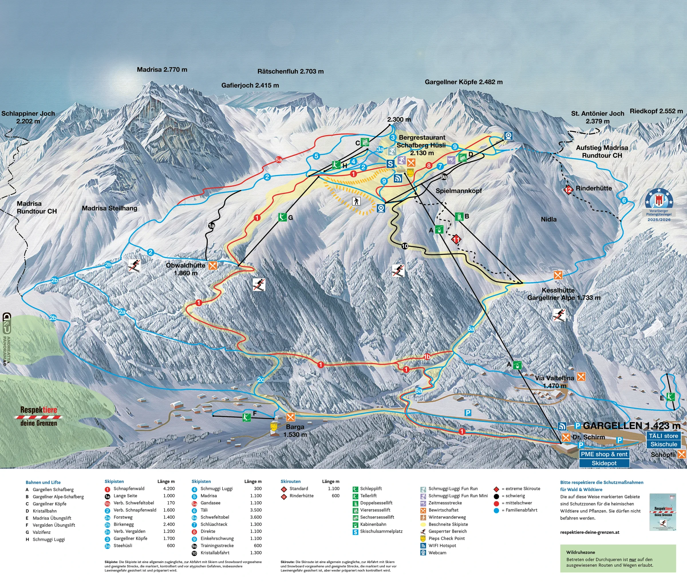 Pistenplan Gargellen 2025/26 – Übersichtskarte mit Pisten, Liften und Bergbahnen