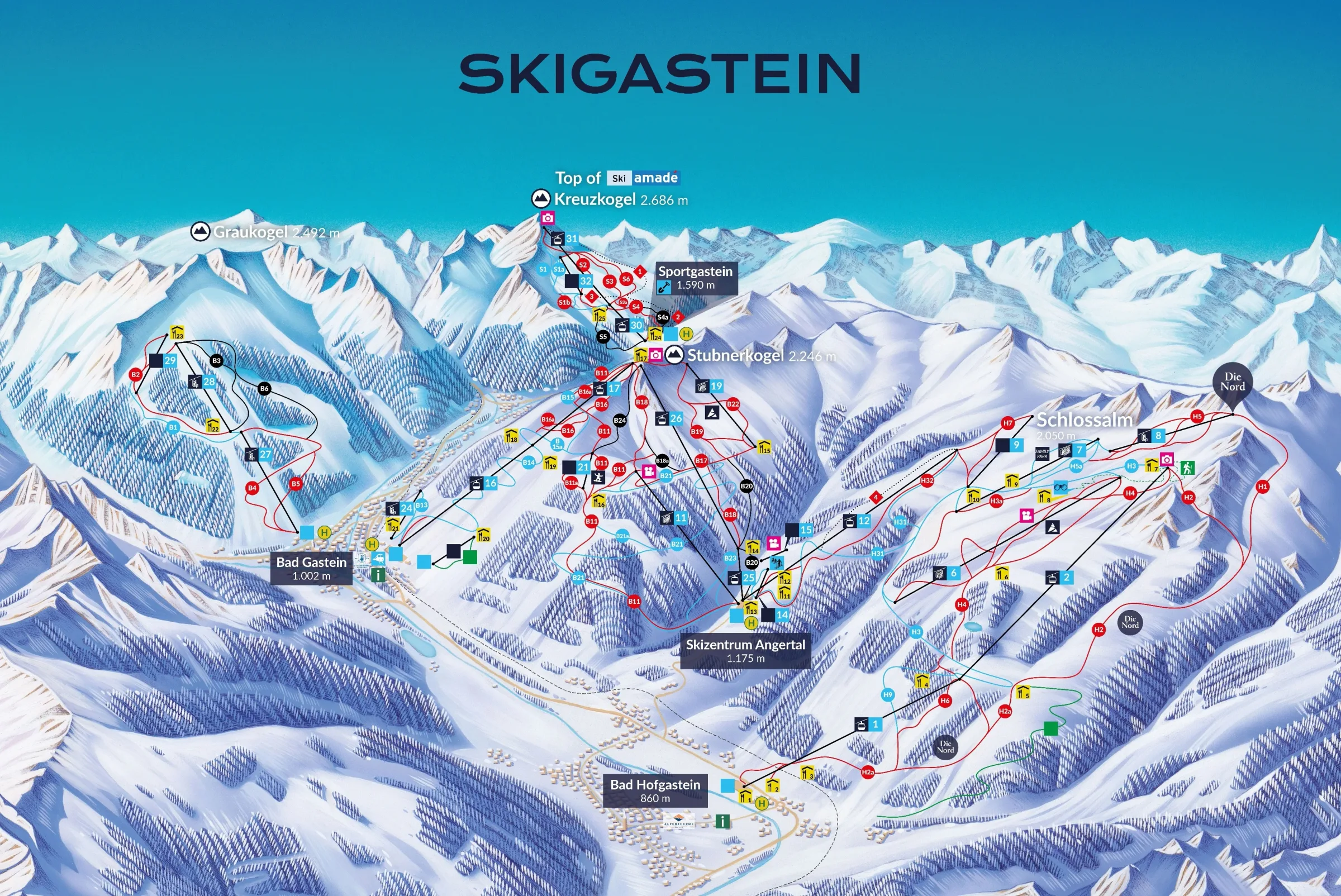 Pistenplan Ski Gastein – Schlossalm/Angertal/Stubnerkogel 2025/26 – Übersichtskarte mit Pisten, Liften und Bergbahnen