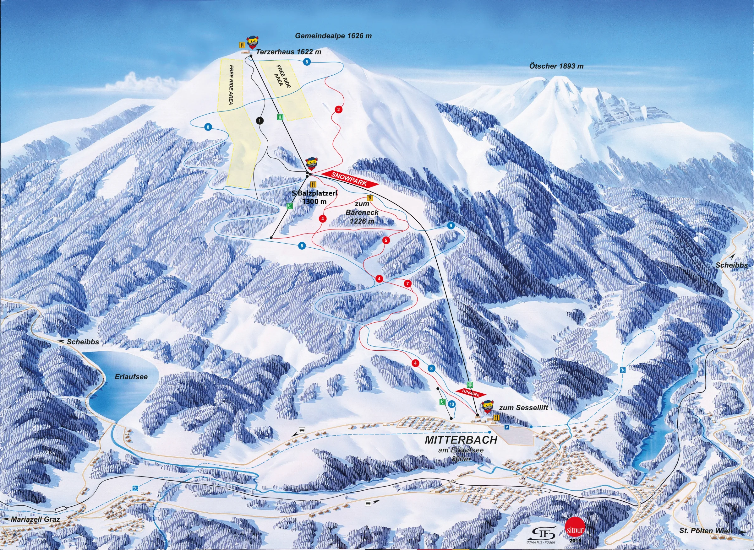 Pistenplan Gemeindealpe Mitterbach 2025/26 – Übersichtskarte mit Pisten, Liften und Bergbahnen