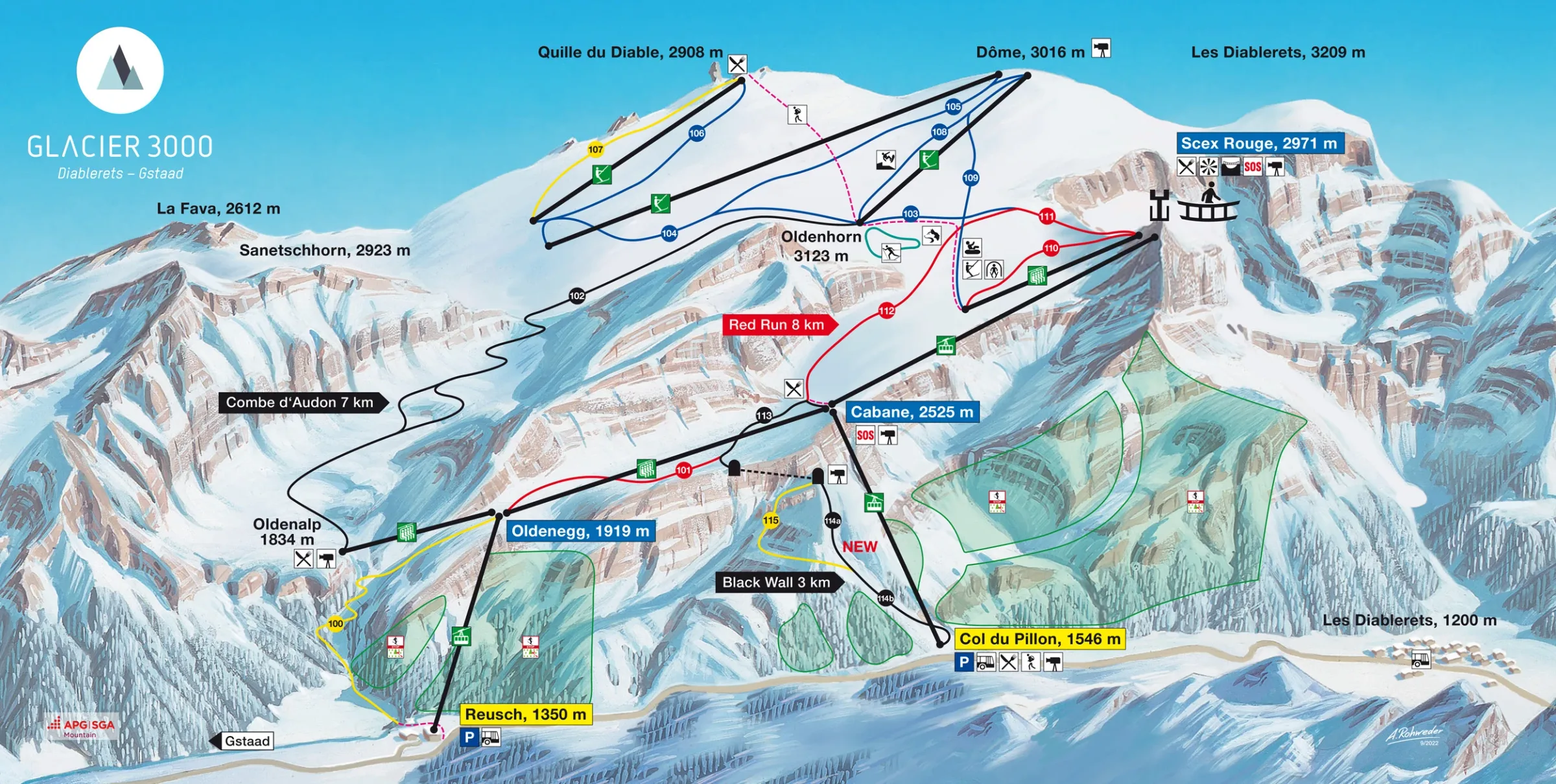 Pistenplan Glacier 3000 (Les Diablerets) 2025/26 – Übersichtskarte mit Pisten, Liften und Bergbahnen