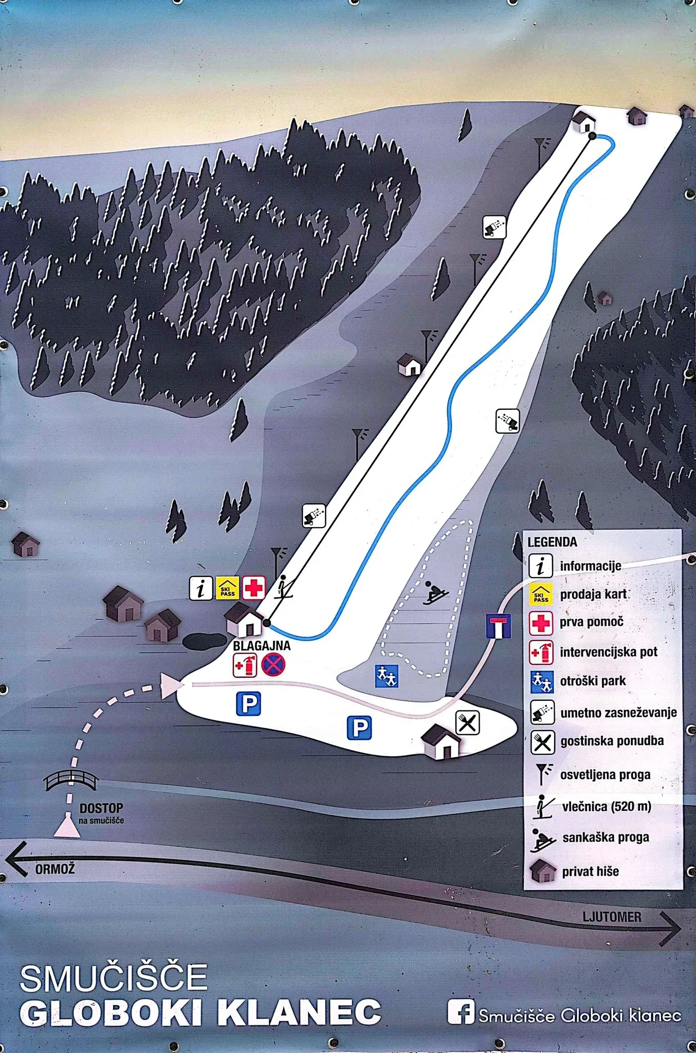 Pistenplan Globoki Klanec 2025/26 – Übersichtskarte mit Pisten, Liften und Bergbahnen