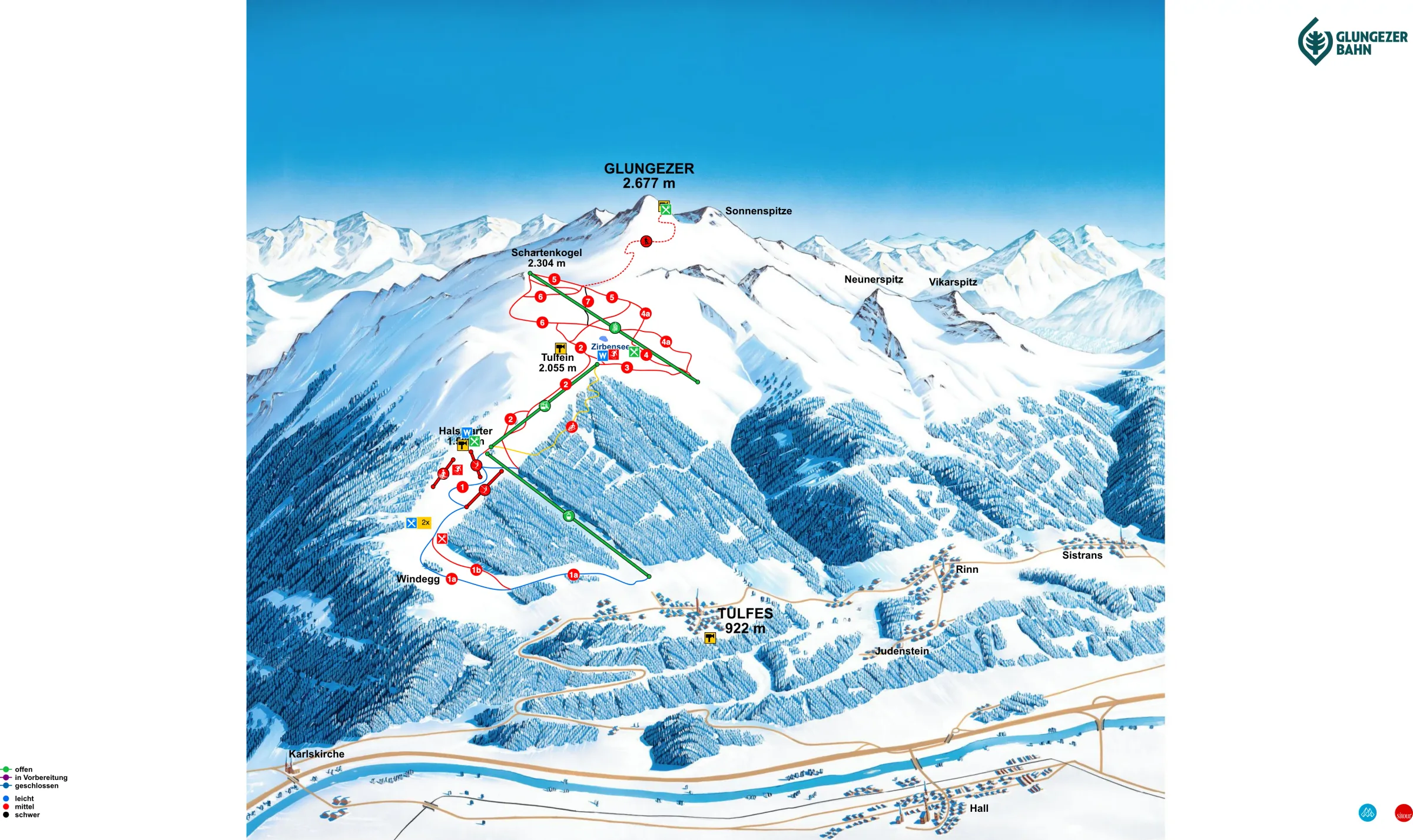 Pistenplan Glungezer (Tulfes) 2025/26 – Übersichtskarte mit Pisten, Liften und Bergbahnen