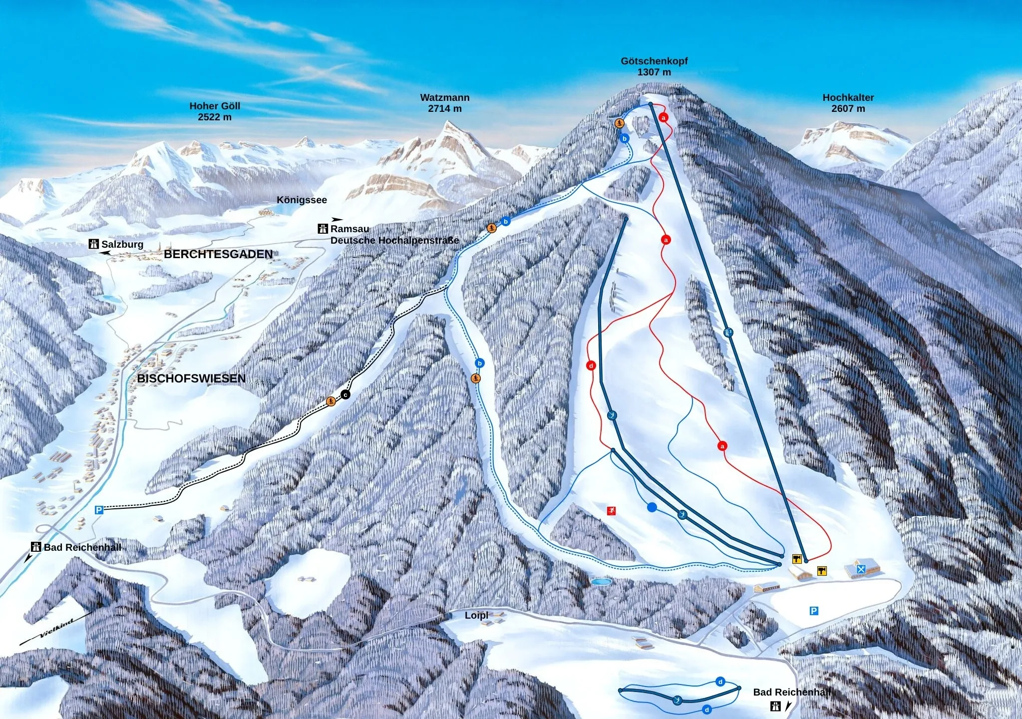 Pistenplan Goetschen (Bischofswiesen) 2025/26 – Übersichtskarte mit Pisten, Liften und Bergbahnen
