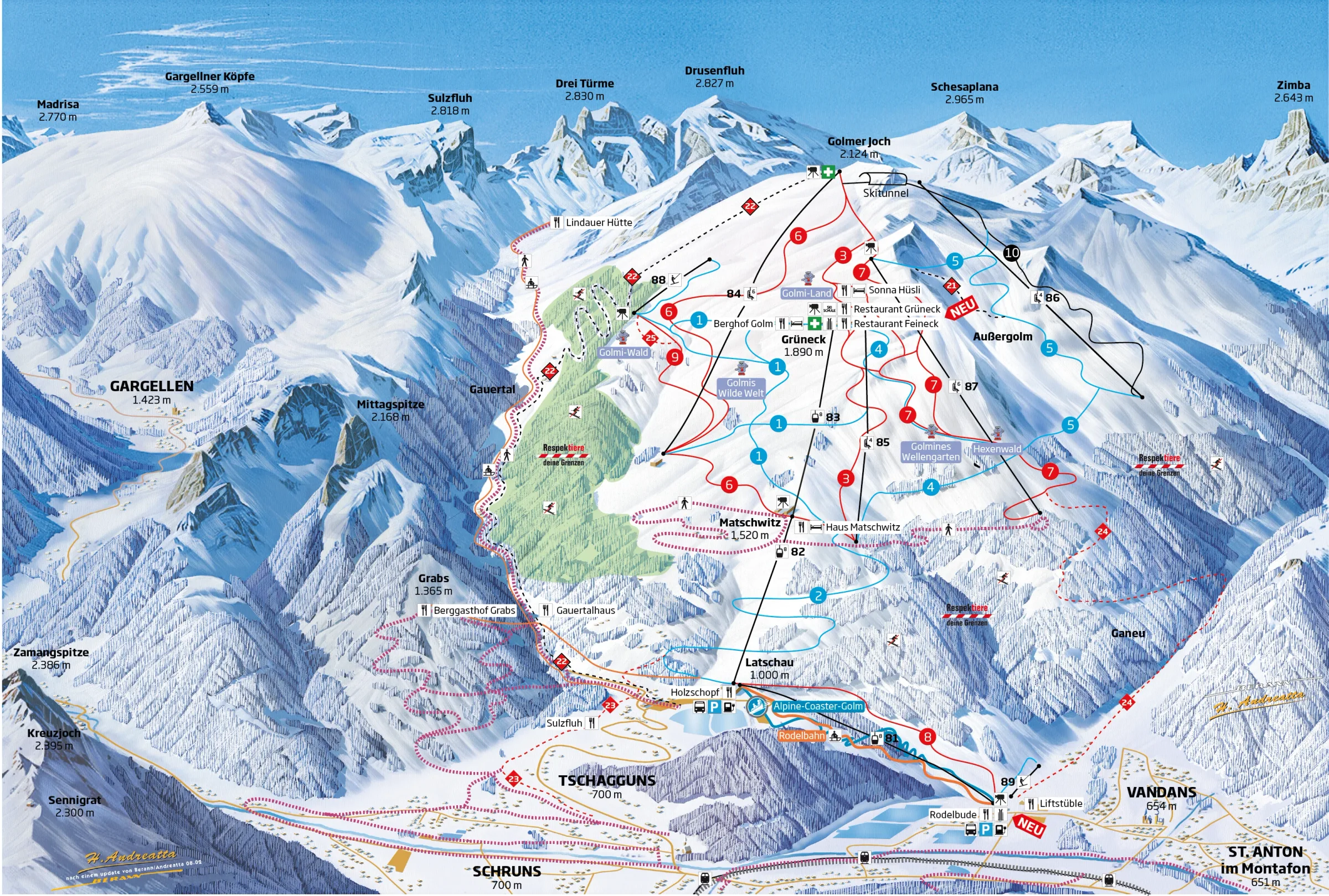 Pistenplan Golm (Montafon) 2025/26 – Übersichtskarte mit Pisten, Liften und Bergbahnen