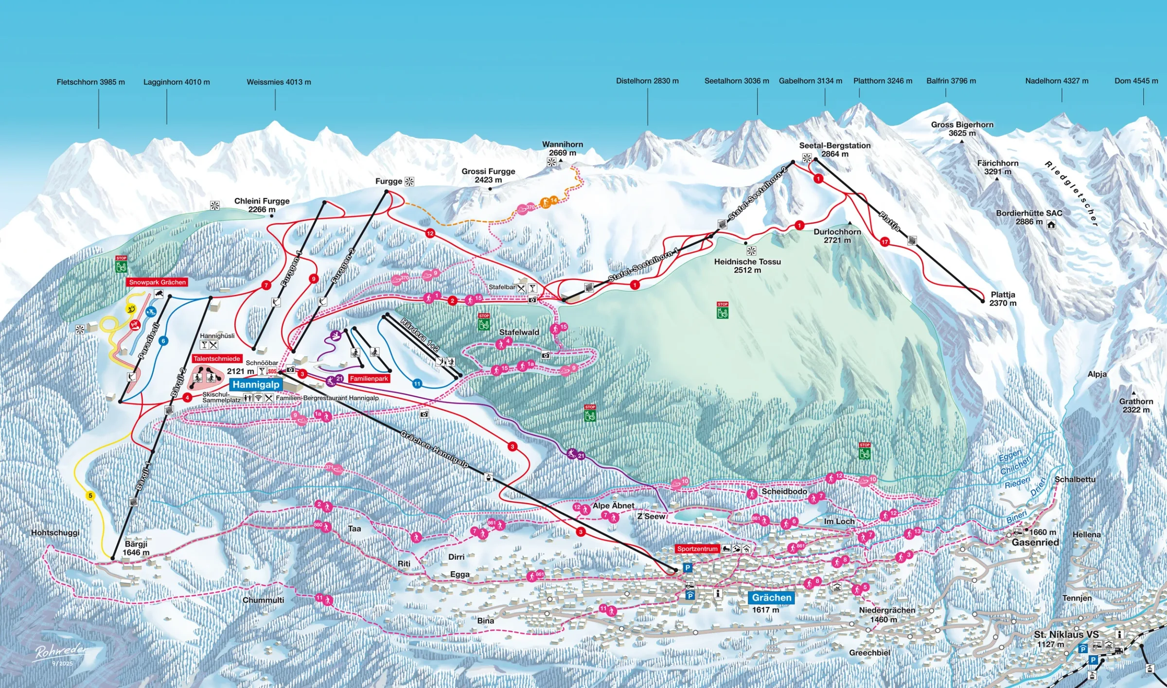 Pistenplan Grächen 2025/26 – Übersichtskarte mit Pisten, Liften und Bergbahnen