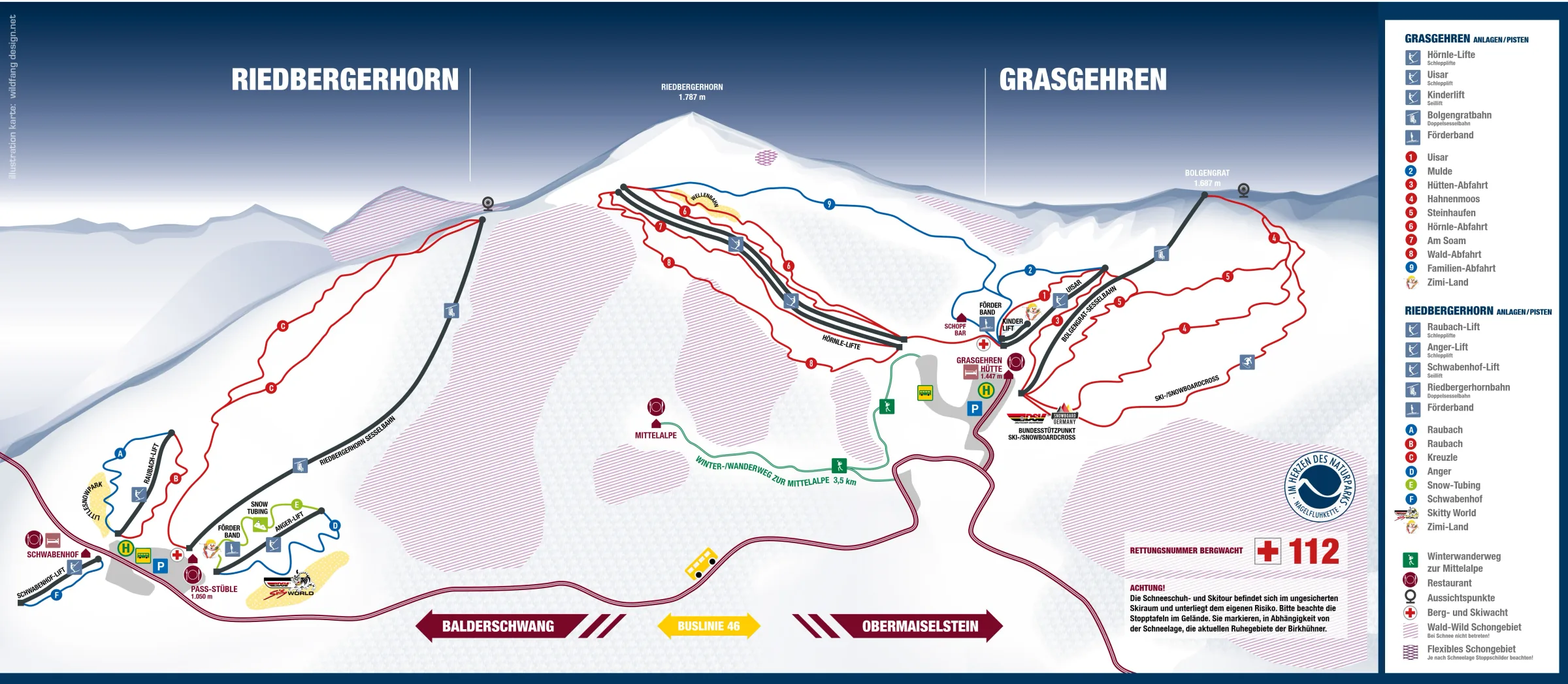 Pistenplan Grasgehren (Riedbergpass) 2025/26 – Übersichtskarte mit Pisten, Liften und Bergbahnen