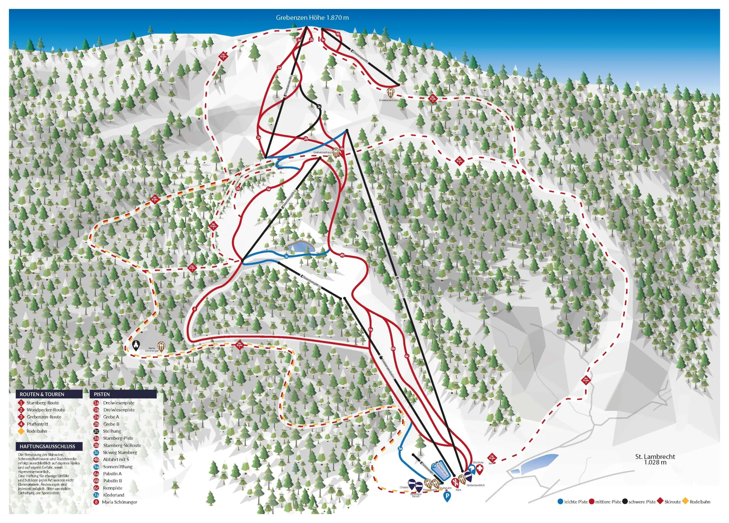 Pistenplan Grebenzen (St. Lambrecht) 2025/26 – Übersichtskarte mit Pisten, Liften und Bergbahnen