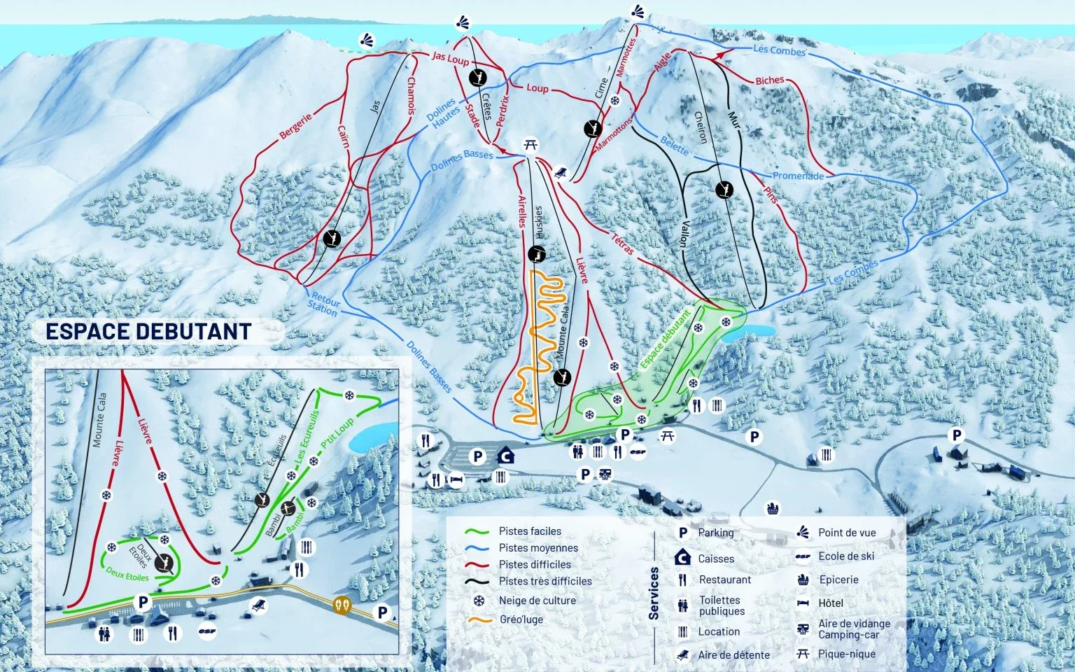 Pistenplan Gréolières-les-Neiges 2025/26 – Übersichtskarte mit Pisten, Liften und Bergbahnen