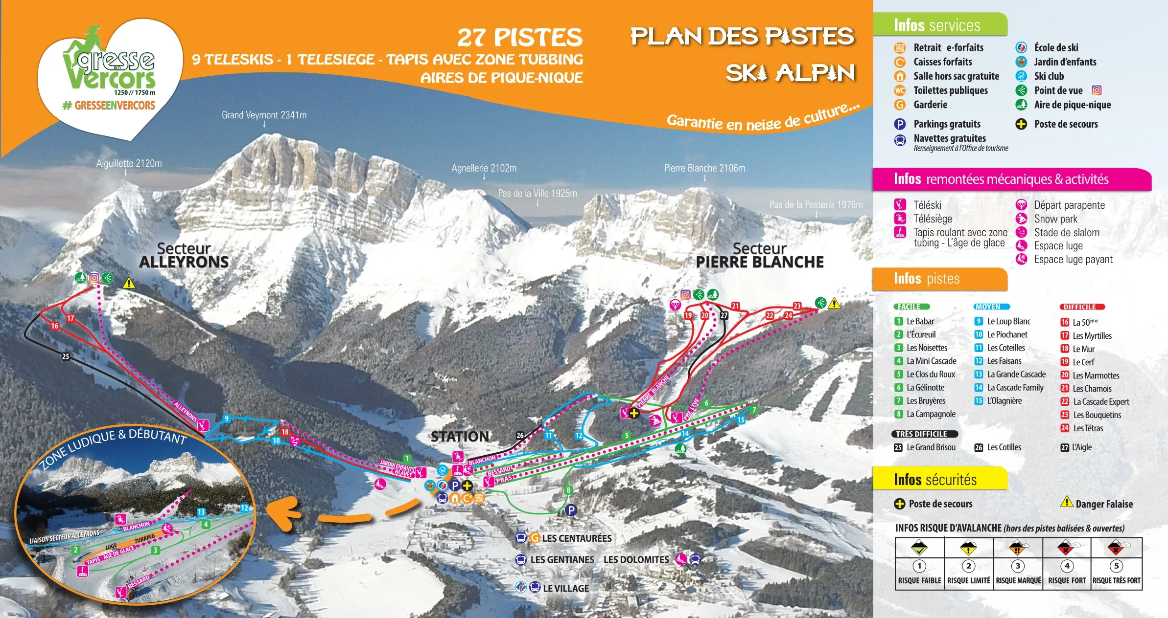 Pistenplan Gresse-en-Vercors 2025/26 – Übersichtskarte mit Pisten, Liften und Bergbahnen
