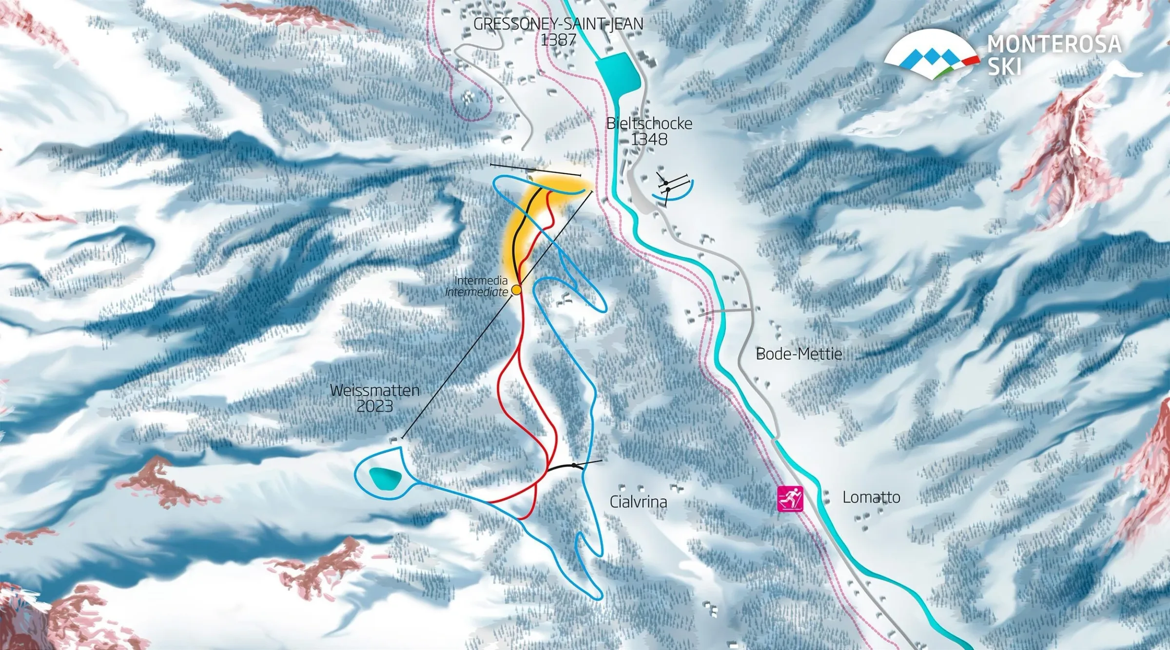 Pistenplan Gressoney-Saint-Jean 2025/26 – Übersichtskarte mit Pisten, Liften und Bergbahnen