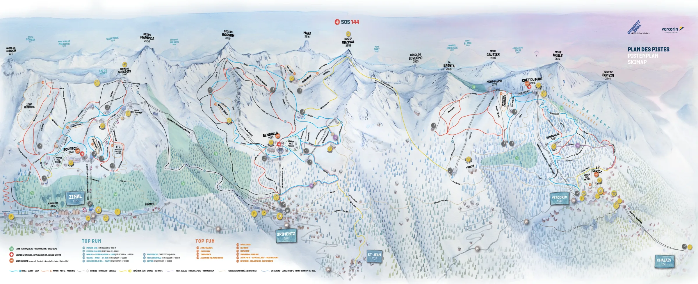 Pistenplan Grimentz-Zinal 2025/26 – Übersichtskarte mit Pisten, Liften und Bergbahnen