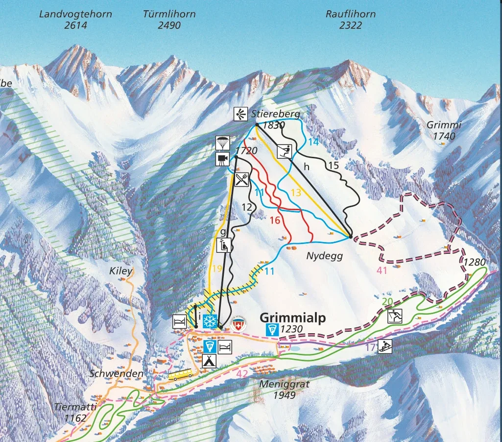 Pistenplan Grimmialp (Diemtigtal) 2025/26 – Übersichtskarte mit Pisten, Liften und Bergbahnen