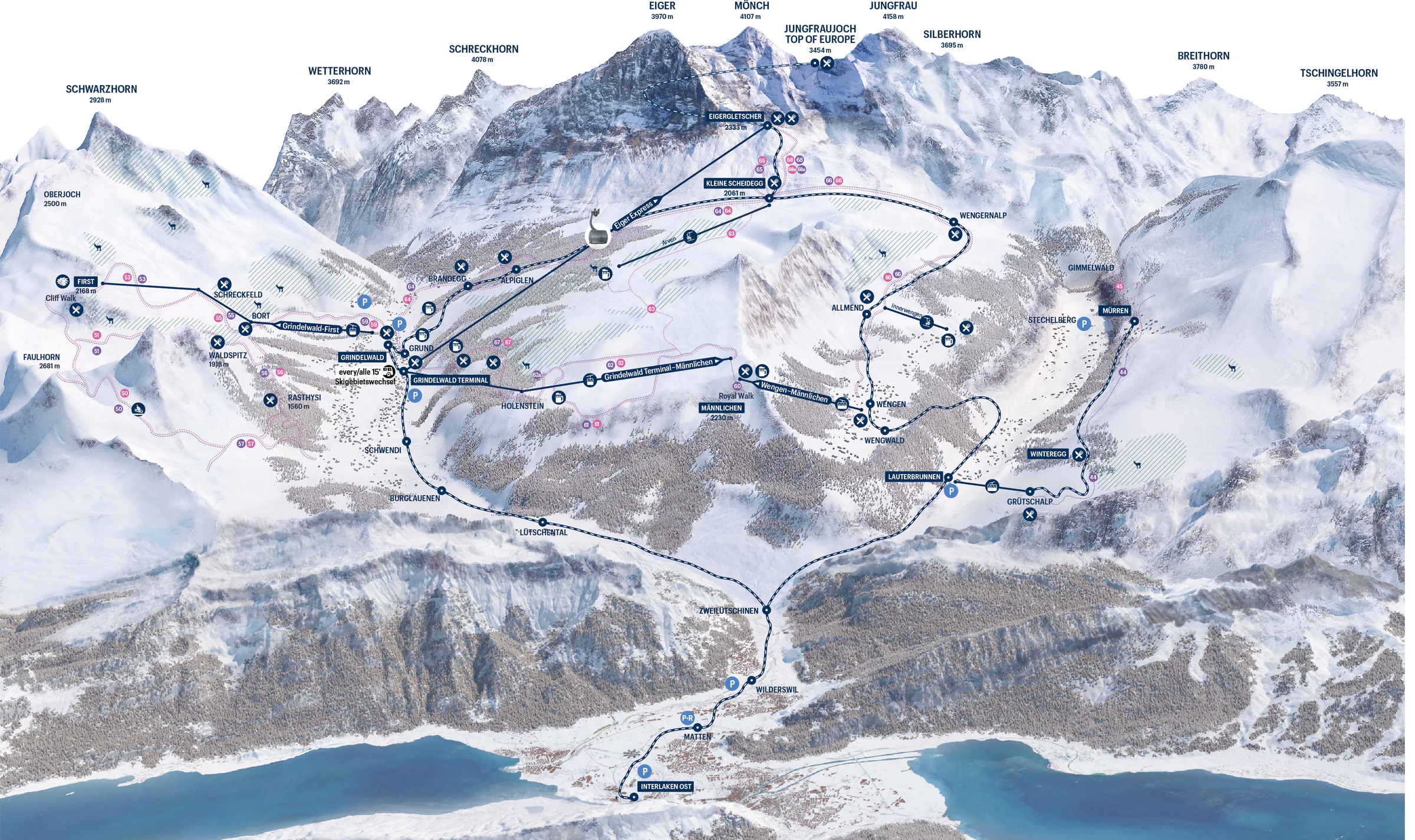 Pistenplan Grindelwald – Wengen (Kleine Scheidegg/Männlichen) 2025/26 – Übersichtskarte mit Pisten, Liften und Bergbahnen