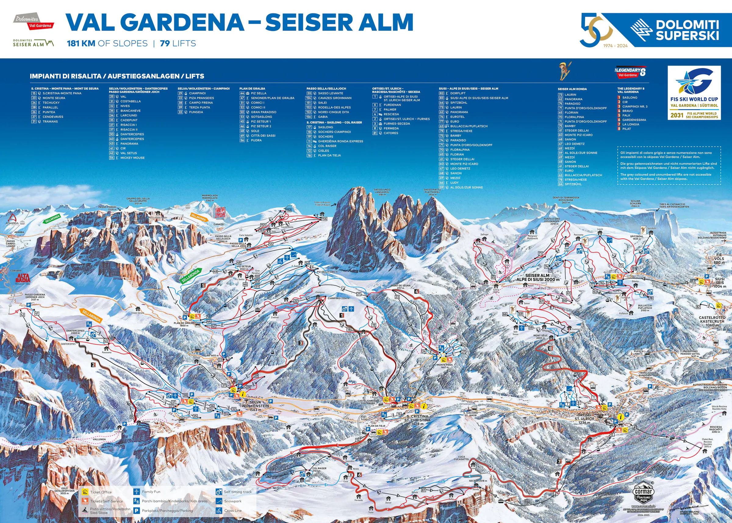 Pistenplan Gröden 2024/25 – Übersichtskarte mit Pisten, Liften und Bergbahnen
