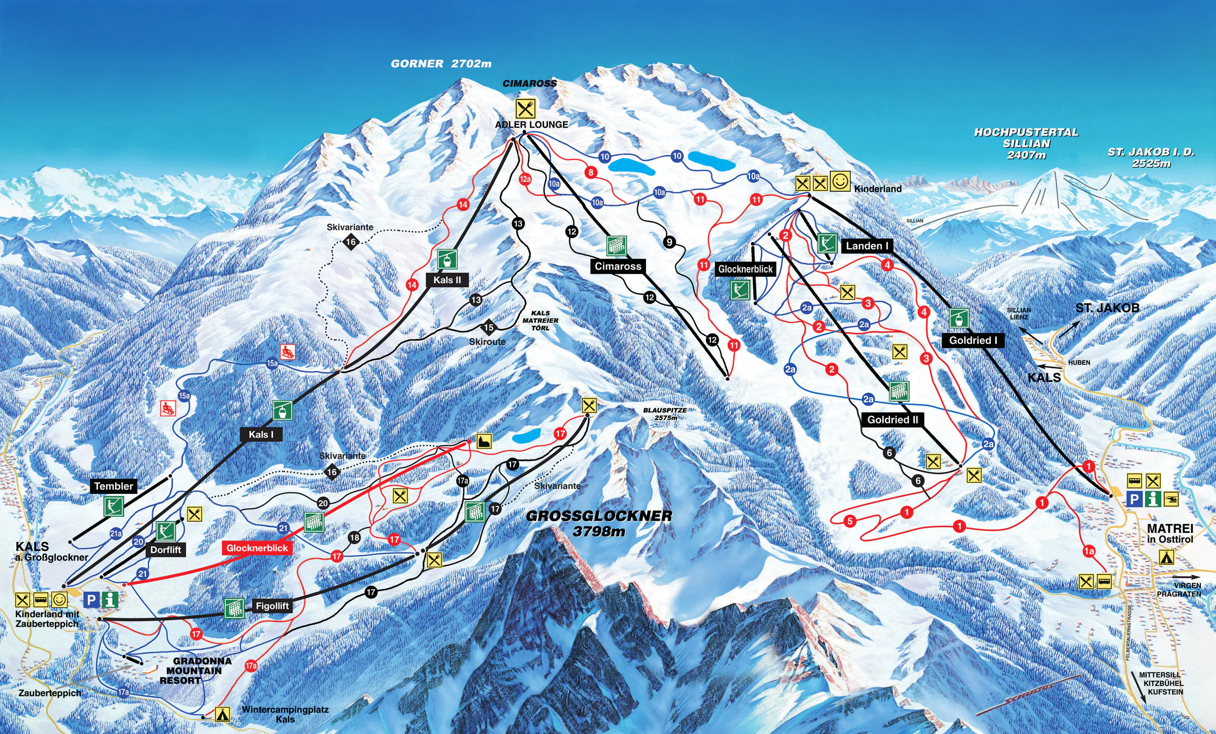 Pistenplan Großglockner Resort Kals-Matrei 2023/24 – Übersichtskarte mit Pisten, Liften und Bergbahnen