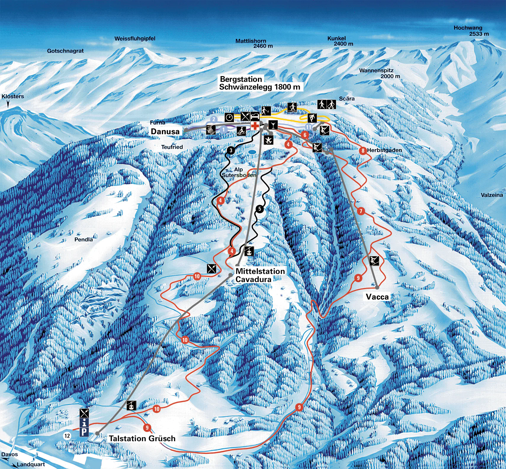 Pistenplan Grüsch Danusa 2025/26 – Übersichtskarte mit Pisten, Liften und Bergbahnen