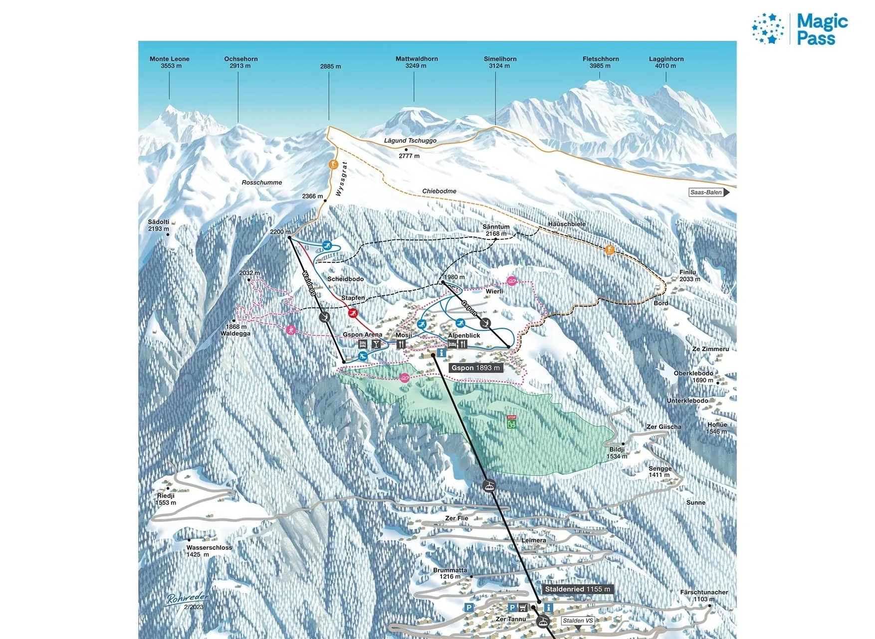 Pistenplan Gspon (Staldenried) 2025/26 – Übersichtskarte mit Pisten, Liften und Bergbahnen