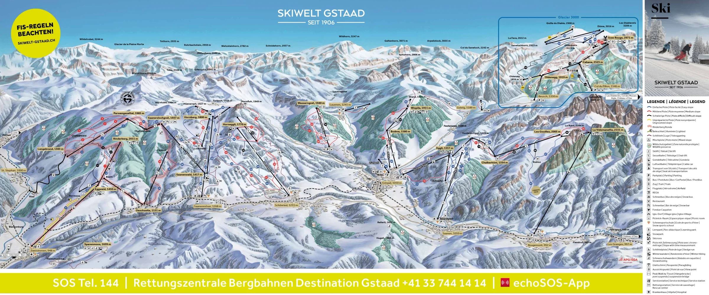 Pistenplan Wasserngrat (Gstaad) 2025/26 – Übersichtskarte mit Pisten, Liften und Bergbahnen