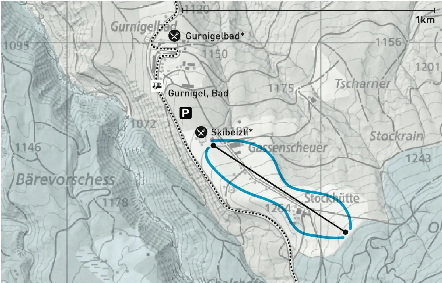 Pistenplan Gurnigelbad 2025/26 – Übersichtskarte mit Pisten, Liften und Bergbahnen