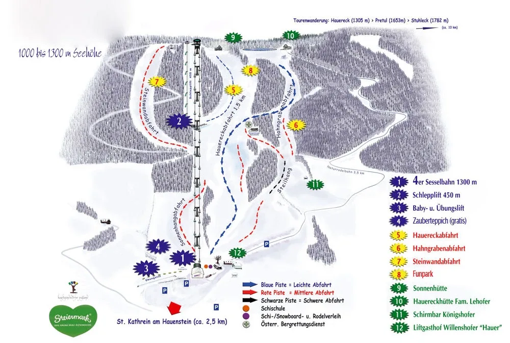 Pistenplan Hauereck (St. Kathrein am Hauenstein) 2025/26 – Übersichtskarte mit Pisten, Liften und Bergbahnen